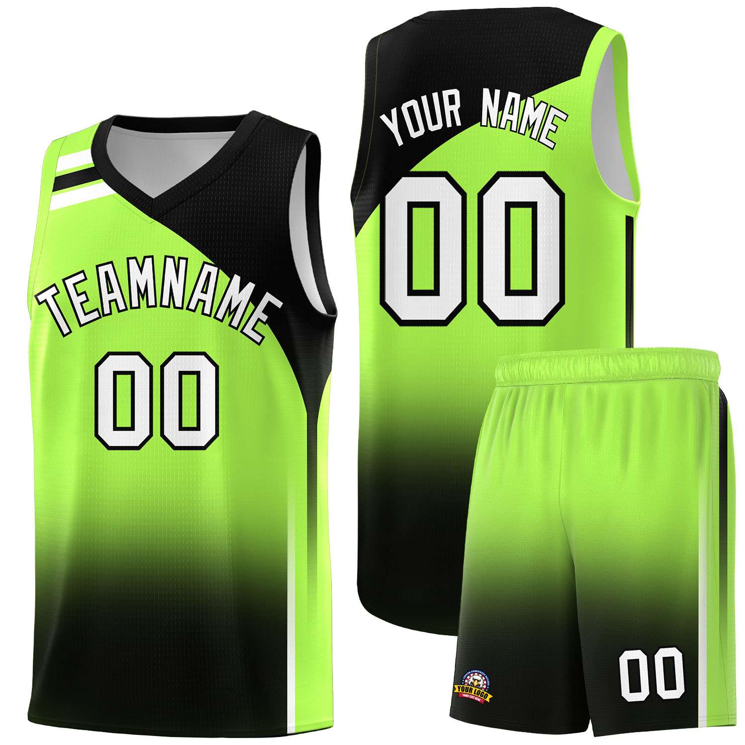 Custom Fluorescent Green Black Gradient Fashion Sets Sports Uniform Basketball Jersey
