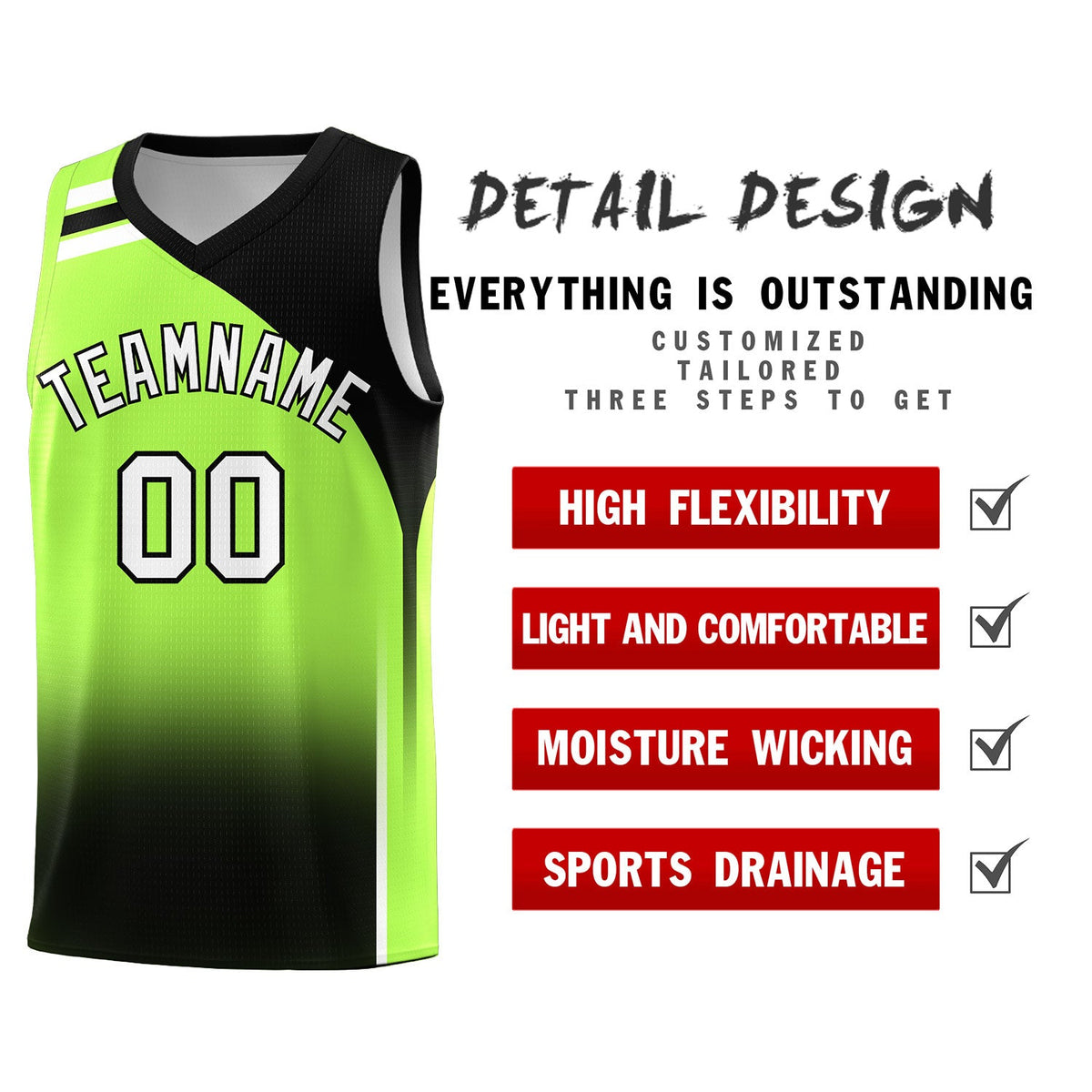 Custom Fluorescent Green Black Gradient Fashion Sets Sports Uniform Basketball Jersey
