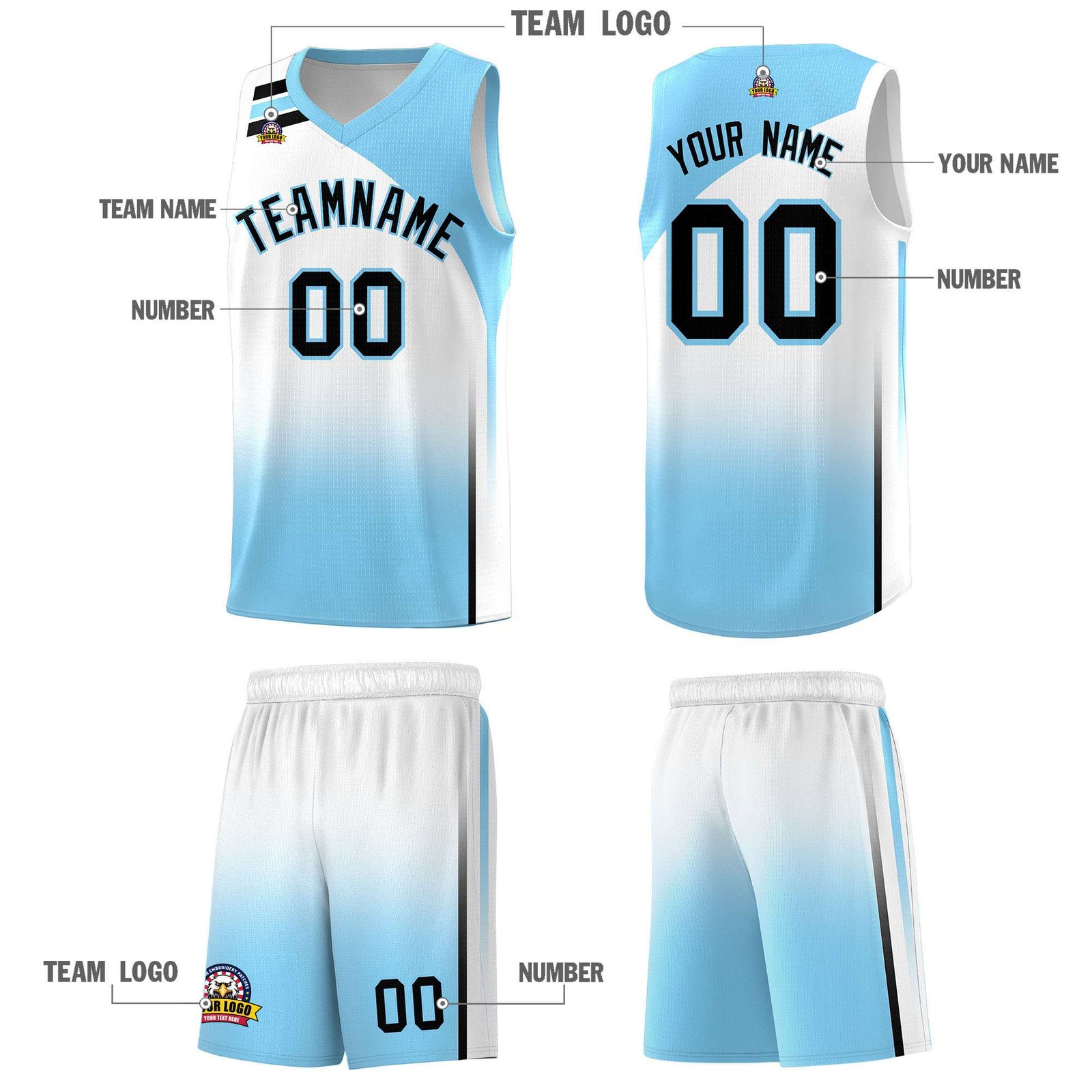 Custom Light Blue White Gradient Fashion Sets Sports Uniform Basketball Jersey