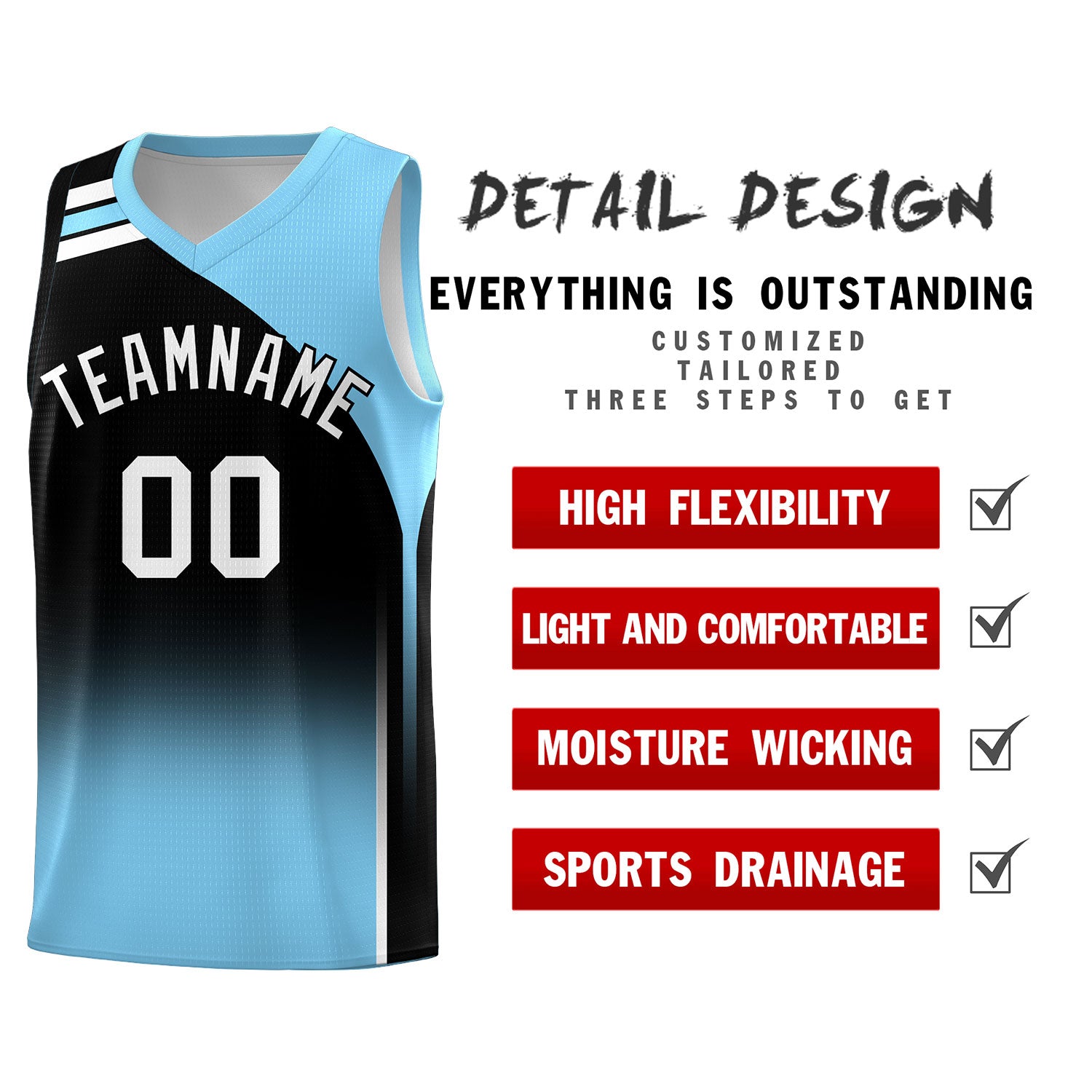Custom Black Light Blue Gradient Fashion Sets Sports Uniform Basketball Jersey