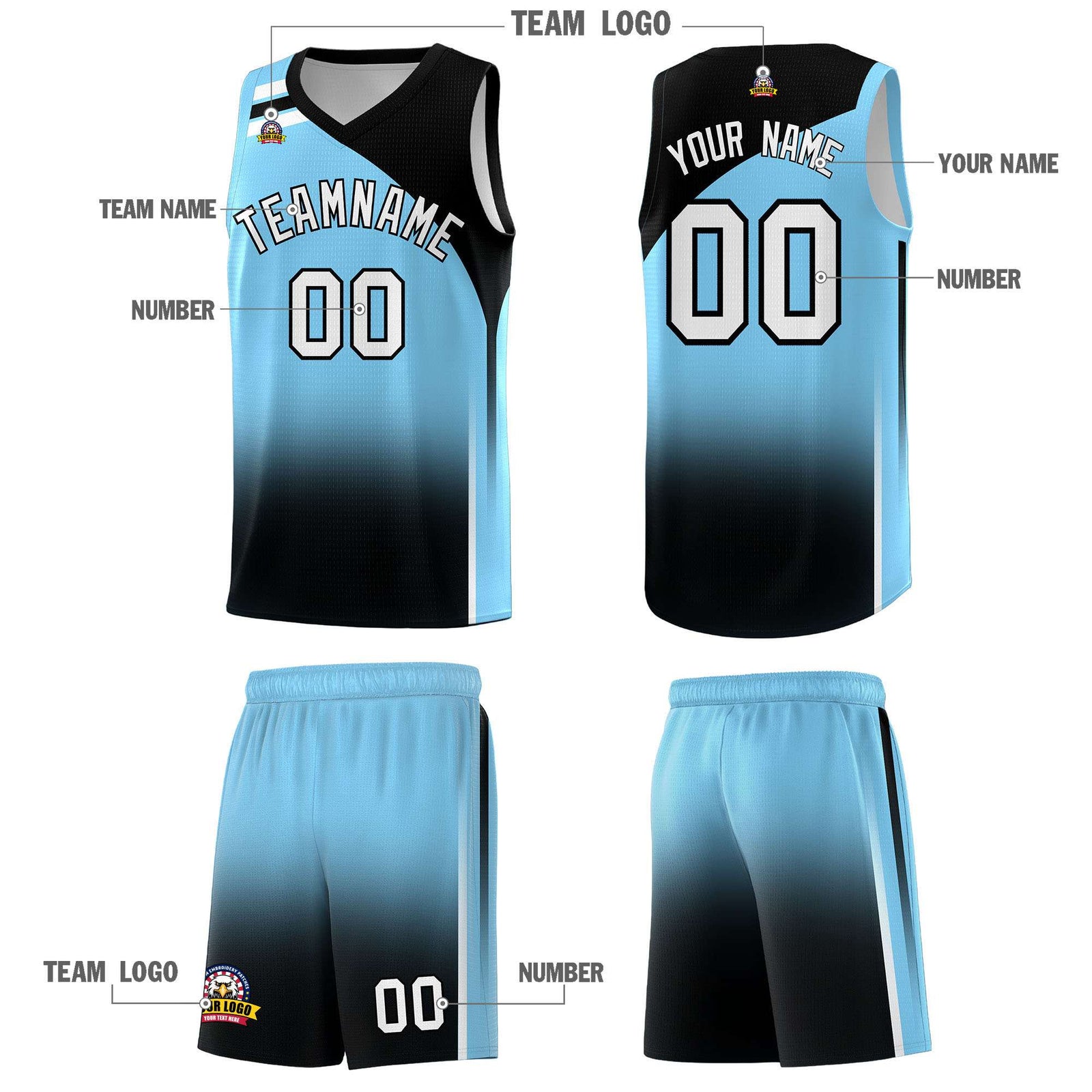 Custom Light Blue Black Gradient Fashion Sets Sports Uniform Basketball Jersey