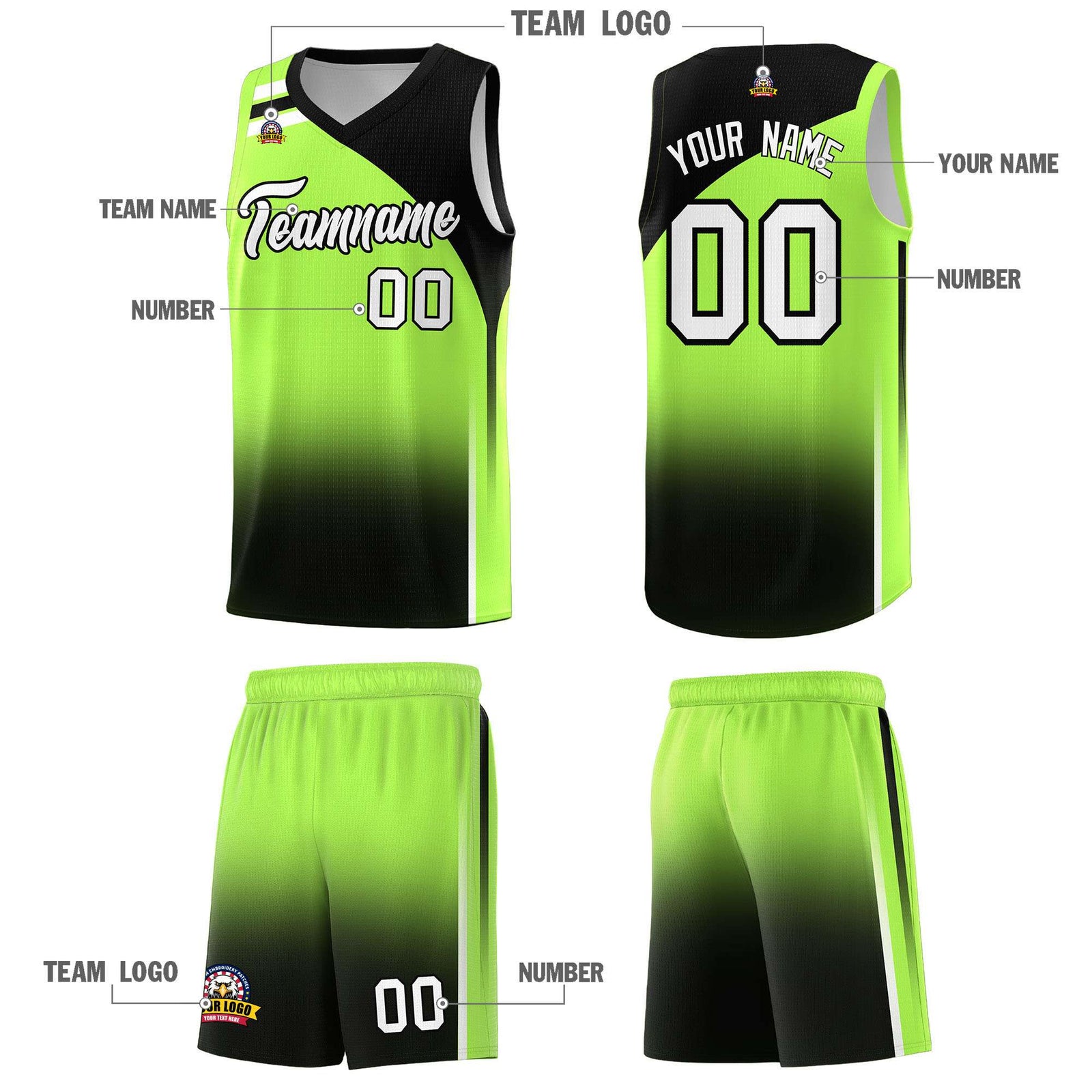 Custom Fluorescent Green Black Gradient Fashion Sets Sports Uniform Basketball Jersey