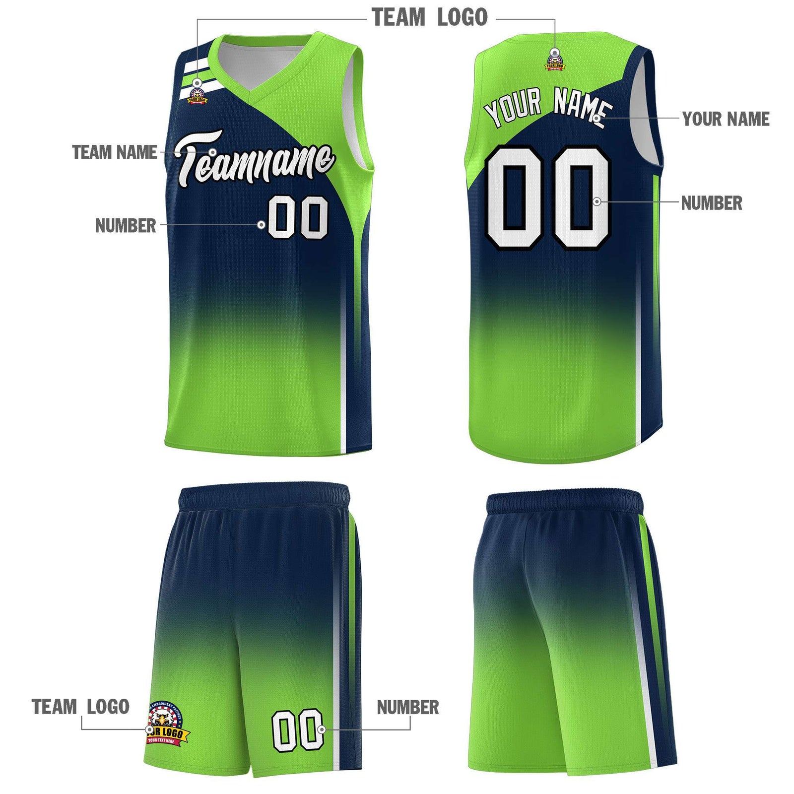 Custom Navy Fluorescent Green Gradient Fashion Sets Sports Uniform Basketball Jersey