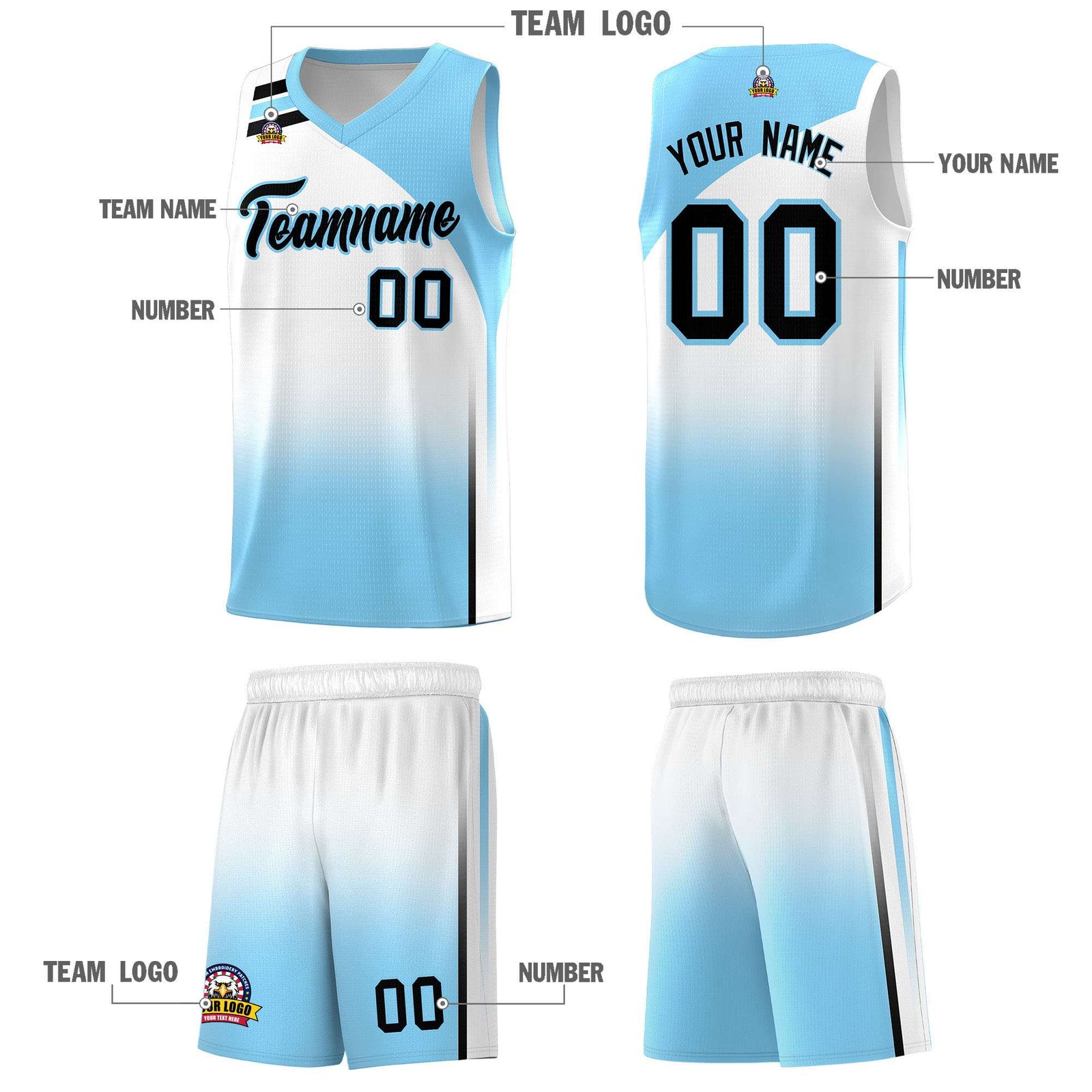 Custom Light Blue White Gradient Fashion Sets Sports Uniform Basketball Jersey