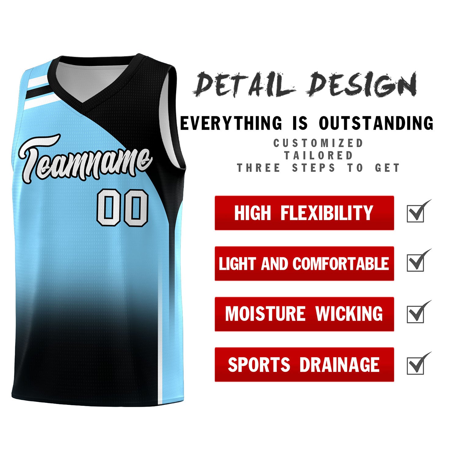 Custom Light Blue Black Gradient Fashion Sets Sports Uniform Basketball Jersey