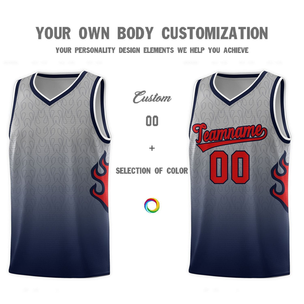 Custom Gray Navy-Red Flame Gradient Fashion Sports Uniform Basketball Jersey