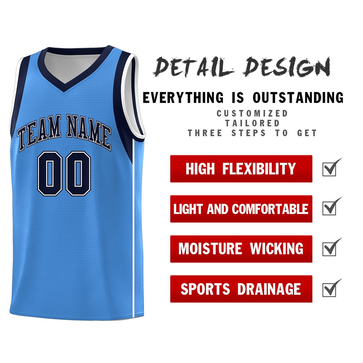 Custom Powder Blue Navy-White Sleeve Color Blocking Classic Sports Uniform Basketball Jersey