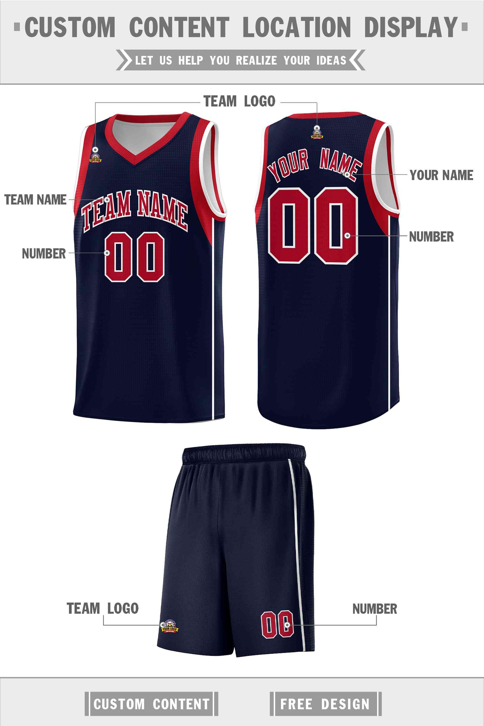Custom Navy Red-White Sleeve Color Blocking Classic Sports Uniform Basketball Jersey