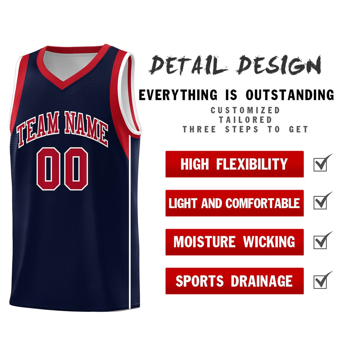 Custom Navy Red-White Sleeve Color Blocking Classic Sports Uniform Basketball Jersey