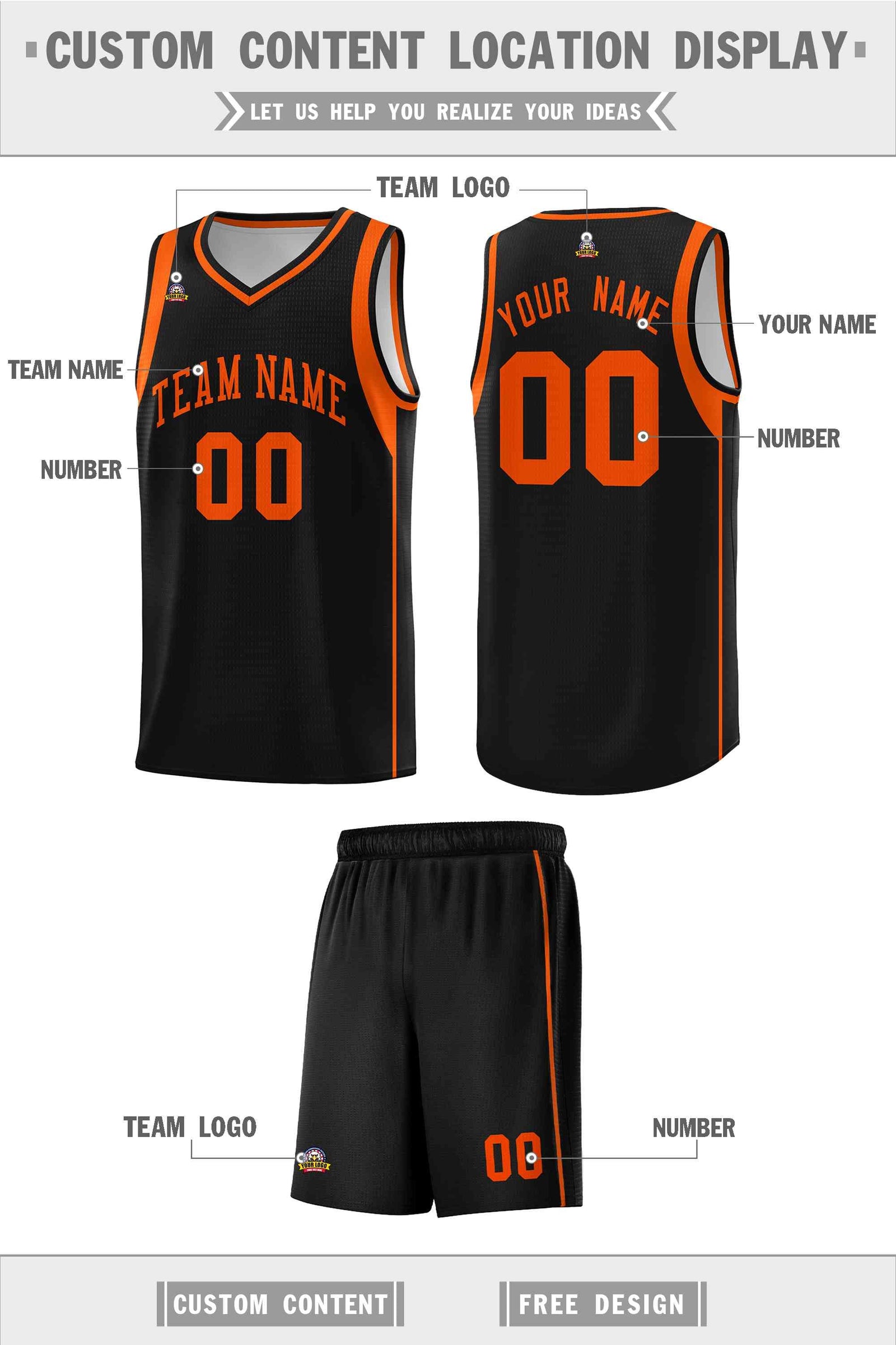 Custom Black Orange Sleeve Color Blocking Classic Sports Uniform Basketball Jersey
