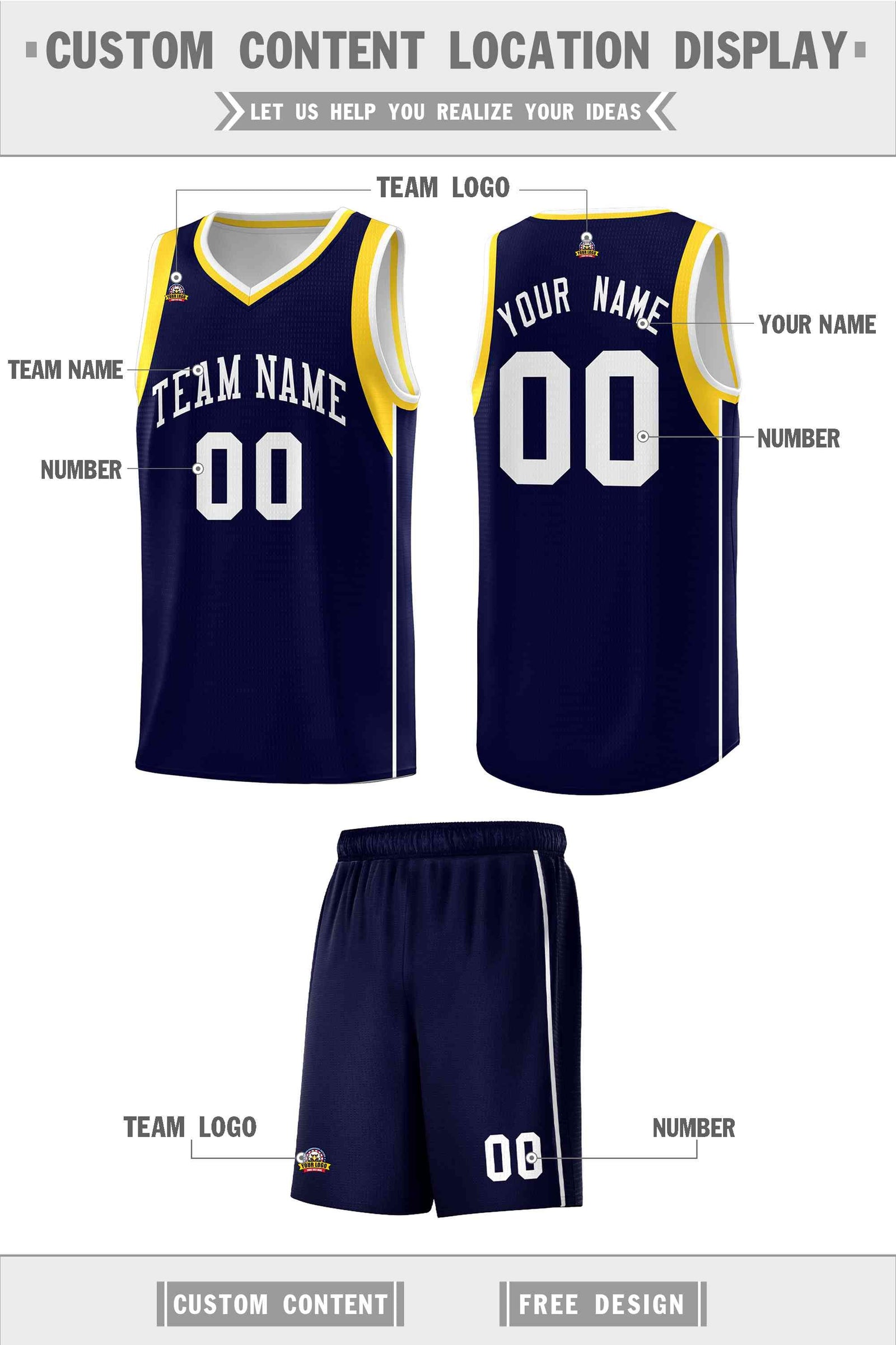 Custom Navy White-Gold Sleeve Color Blocking Classic Sports Uniform Basketball Jersey