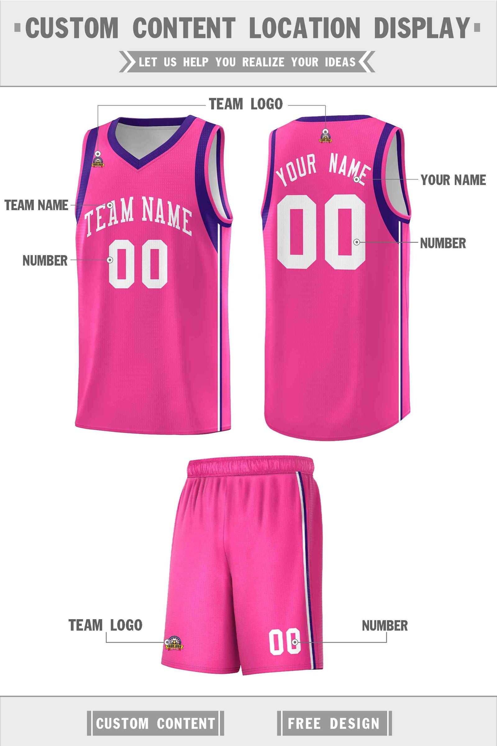 Custom Pink White Sleeve Color Blocking Classic Sports Uniform Basketball Jersey