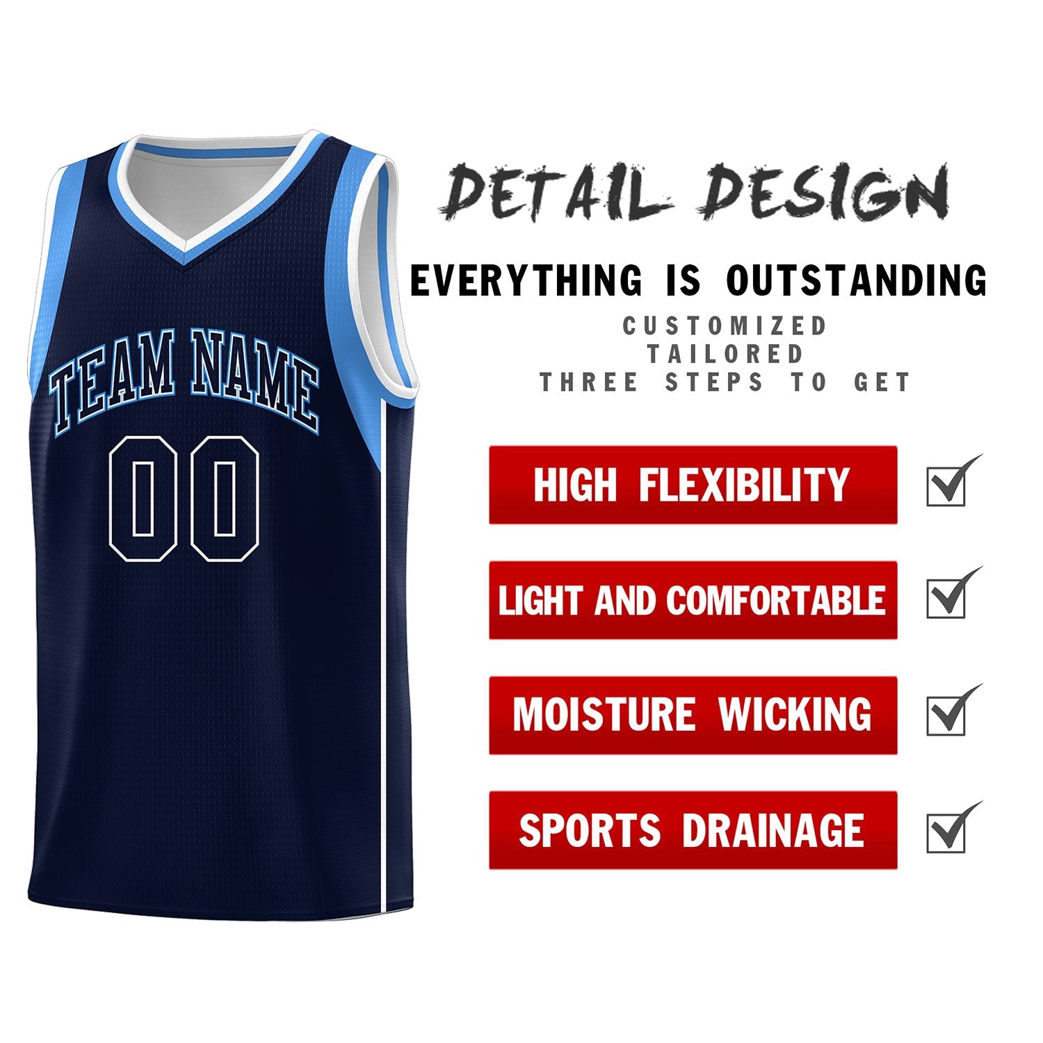 Custom Navy Powder Blue-White Sleeve Color Blocking Classic Sports Uniform Basketball Jersey