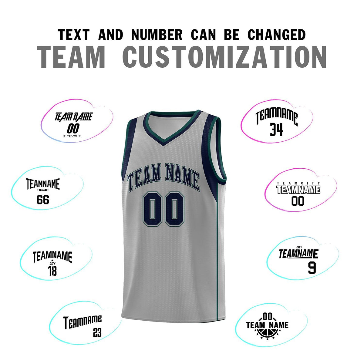 Custom Gray Navy-Green Sleeve Color Blocking Classic Sports Uniform Basketball Jersey