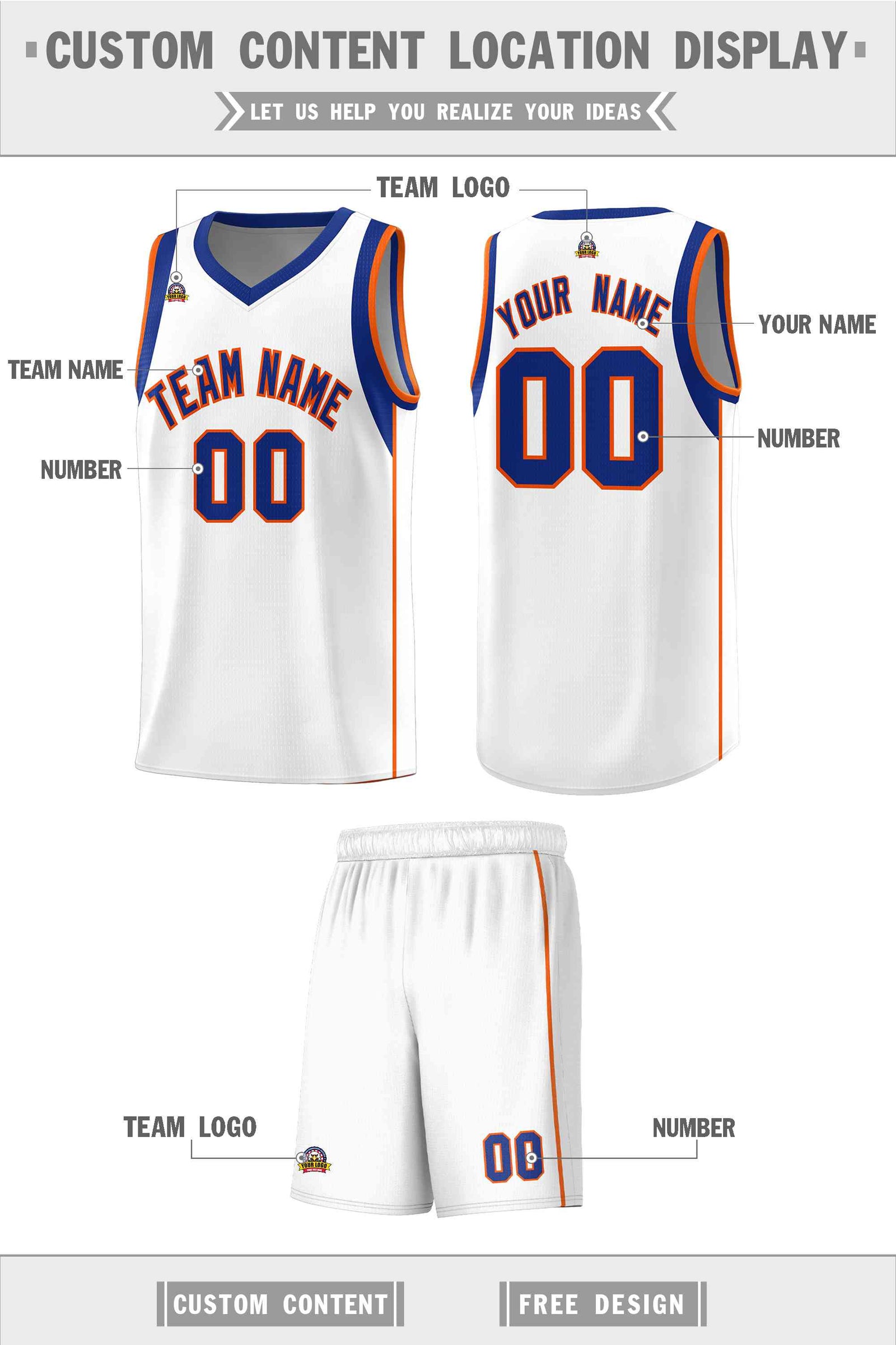 Custom White Royal-Orange Sleeve Color Blocking Classic Sports Uniform Basketball Jersey