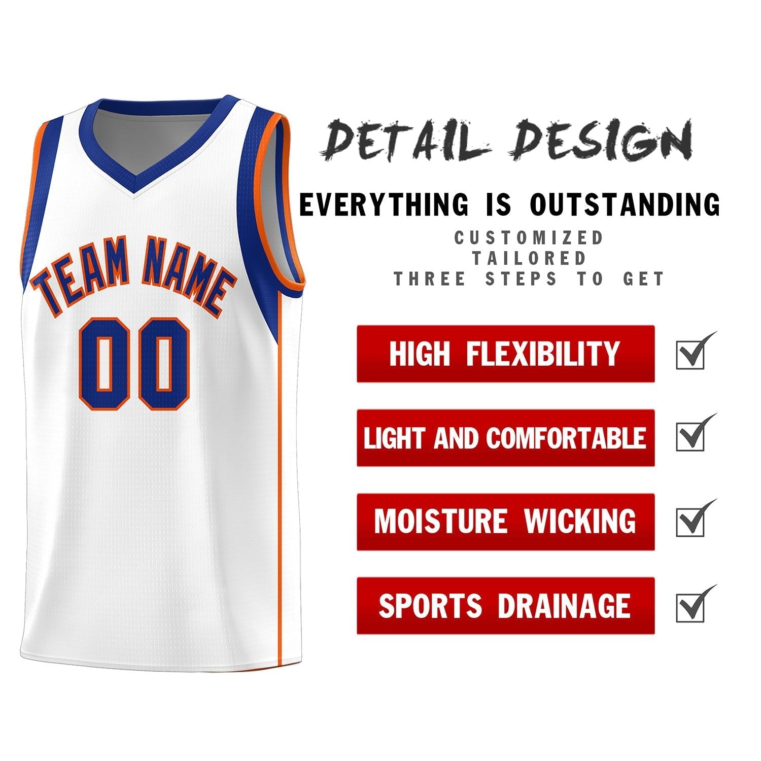 Custom White Royal-Orange Sleeve Color Blocking Classic Sports Uniform Basketball Jersey
