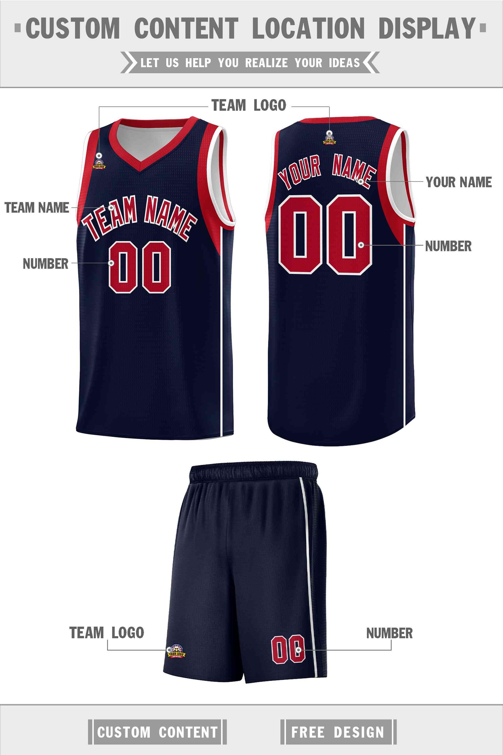 Custom Navy Red-White Sleeve Color Blocking Classic Sports Uniform Basketball Jersey