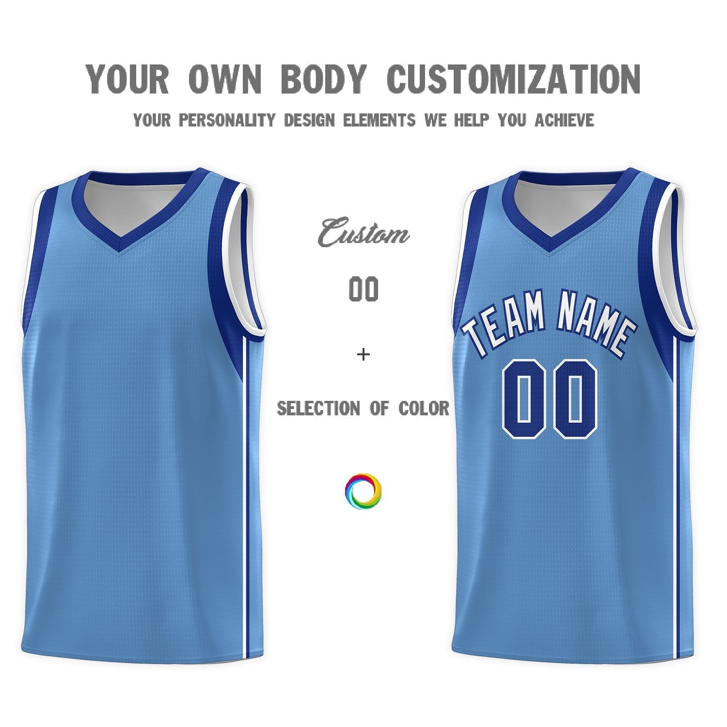 Custom Powder Blue Royal-White Sleeve Color Blocking Classic Sports Uniform Basketball Jersey