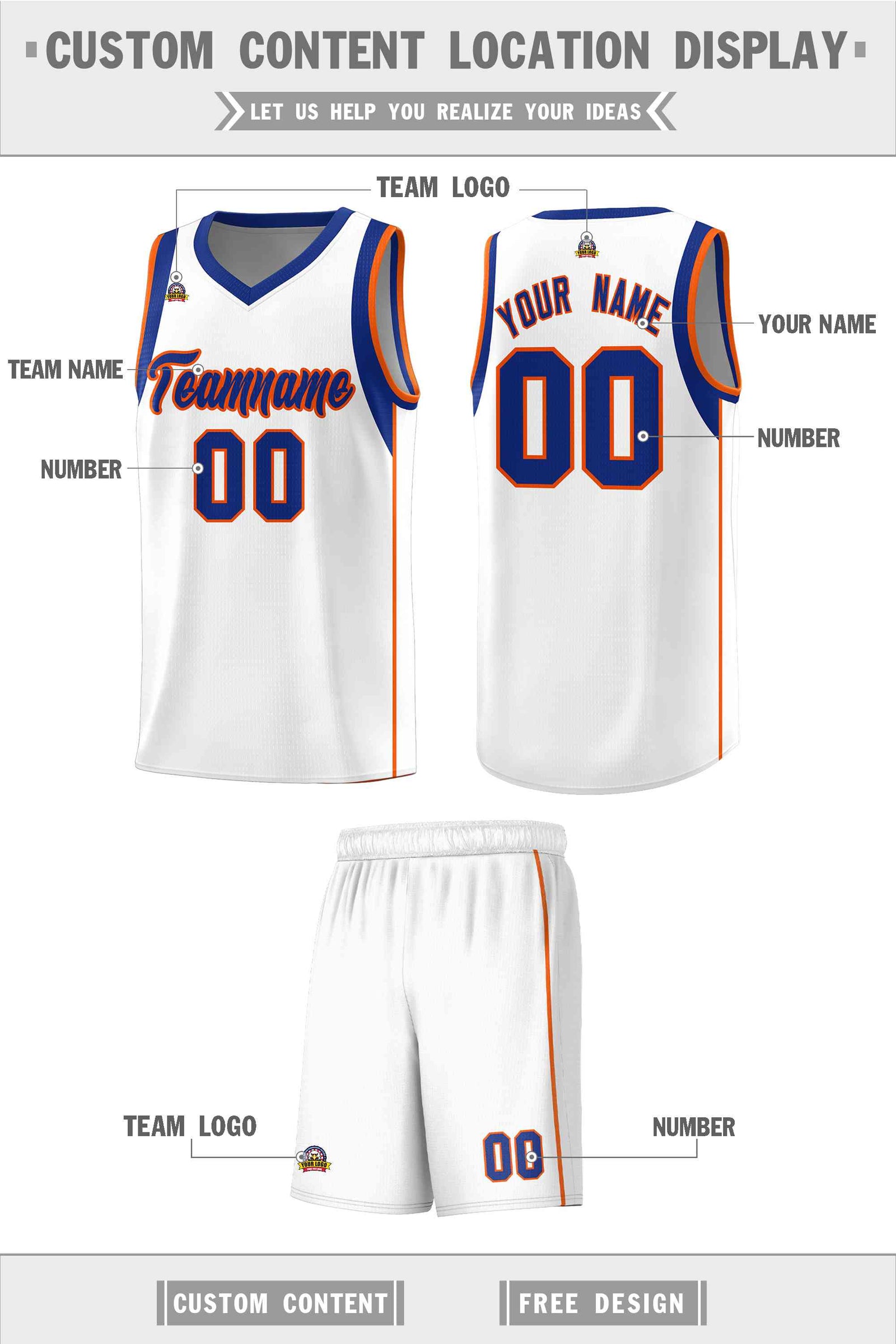 Custom White Royal-Orange Sleeve Color Blocking Classic Sports Uniform Basketball Jersey