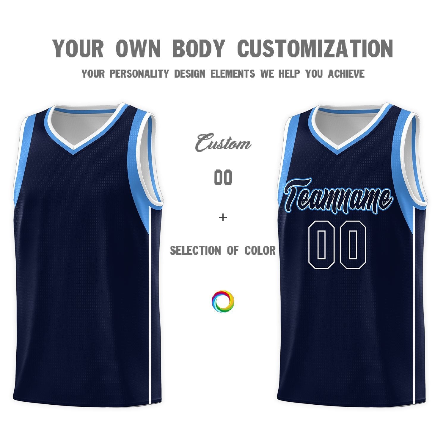 Custom Navy Powder Blue-White Sleeve Color Blocking Classic Sports Uniform Basketball Jersey