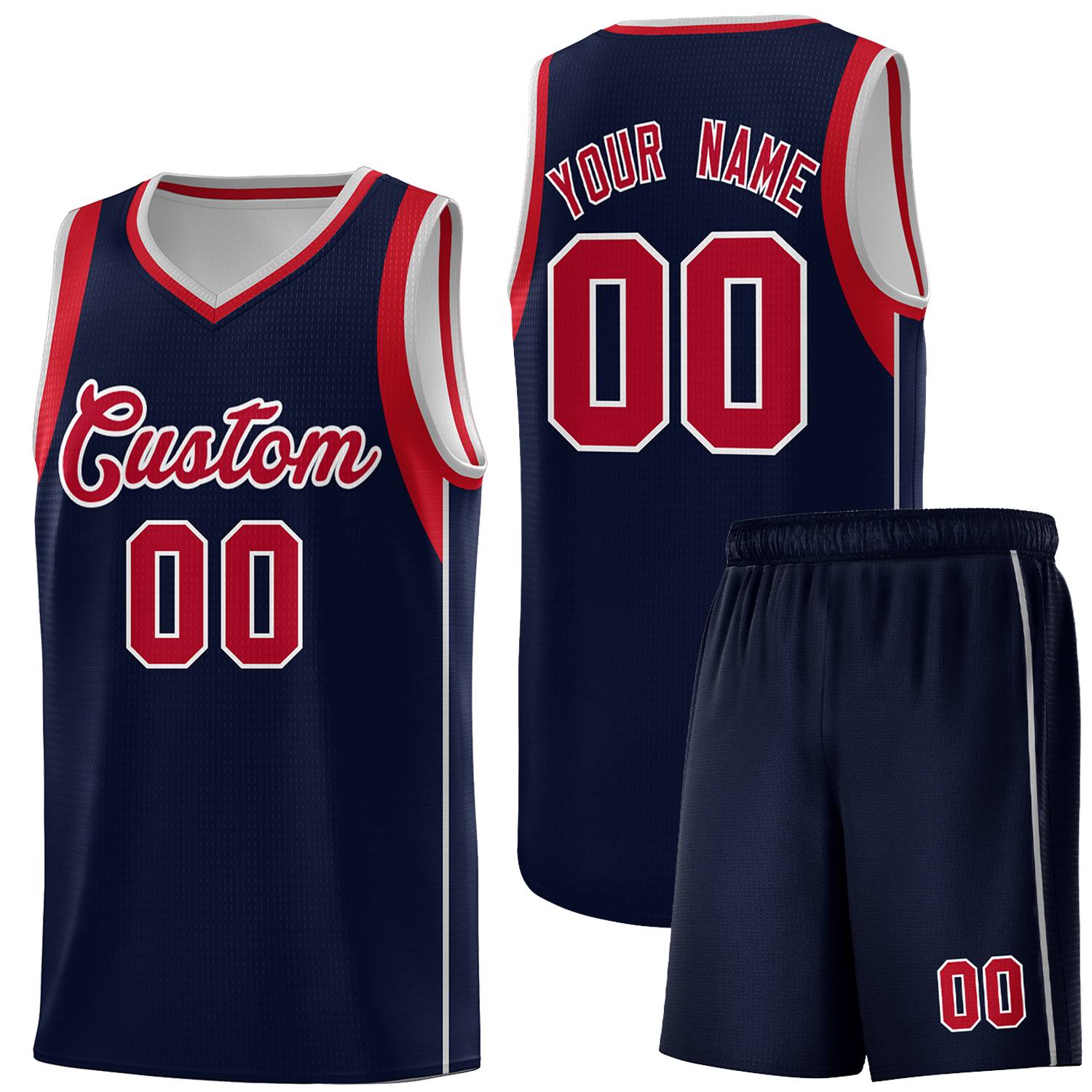 Custom Navy Red-Gray Sleeve Color Blocking Classic Sports Uniform Basketball Jersey