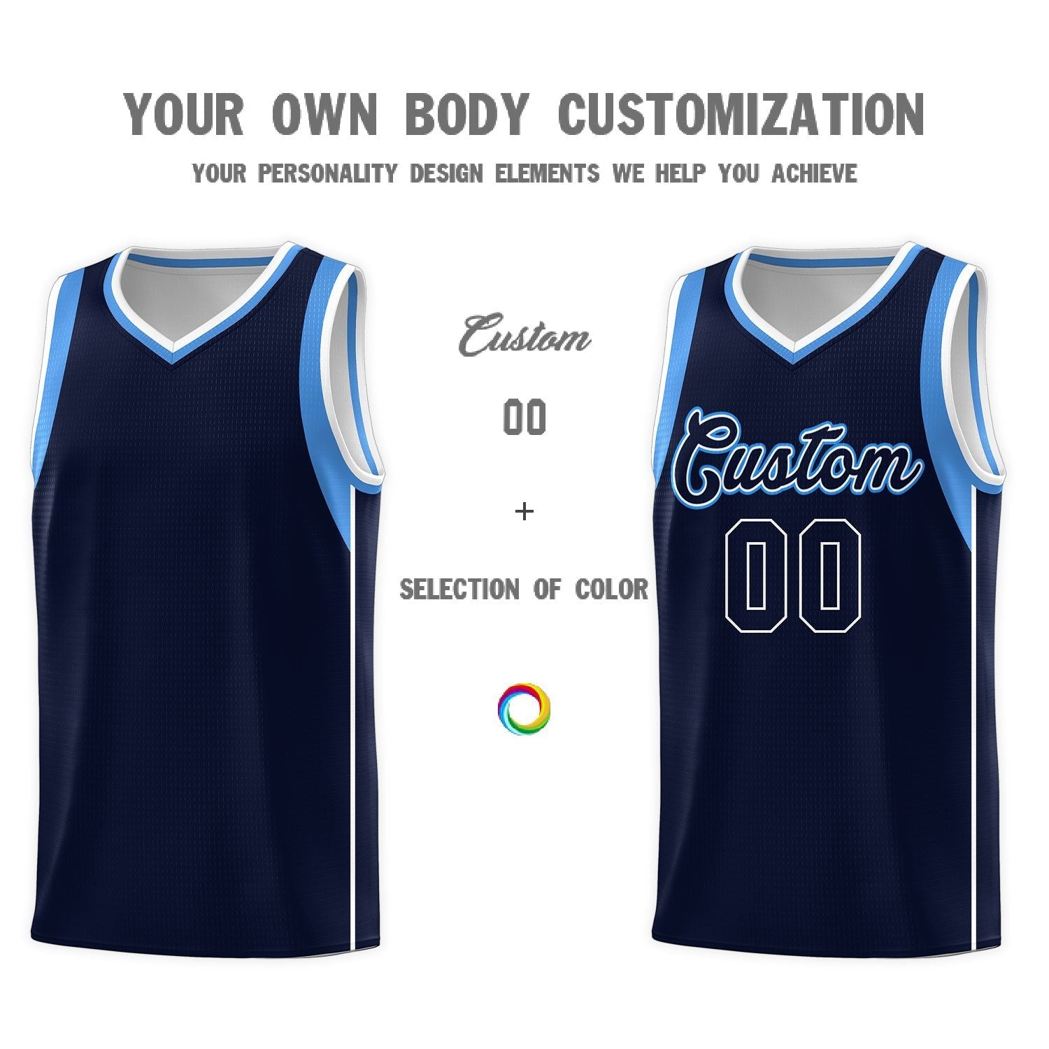 Custom Navy Powder Blue-White Sleeve Color Blocking Classic Sports Uniform Basketball Jersey