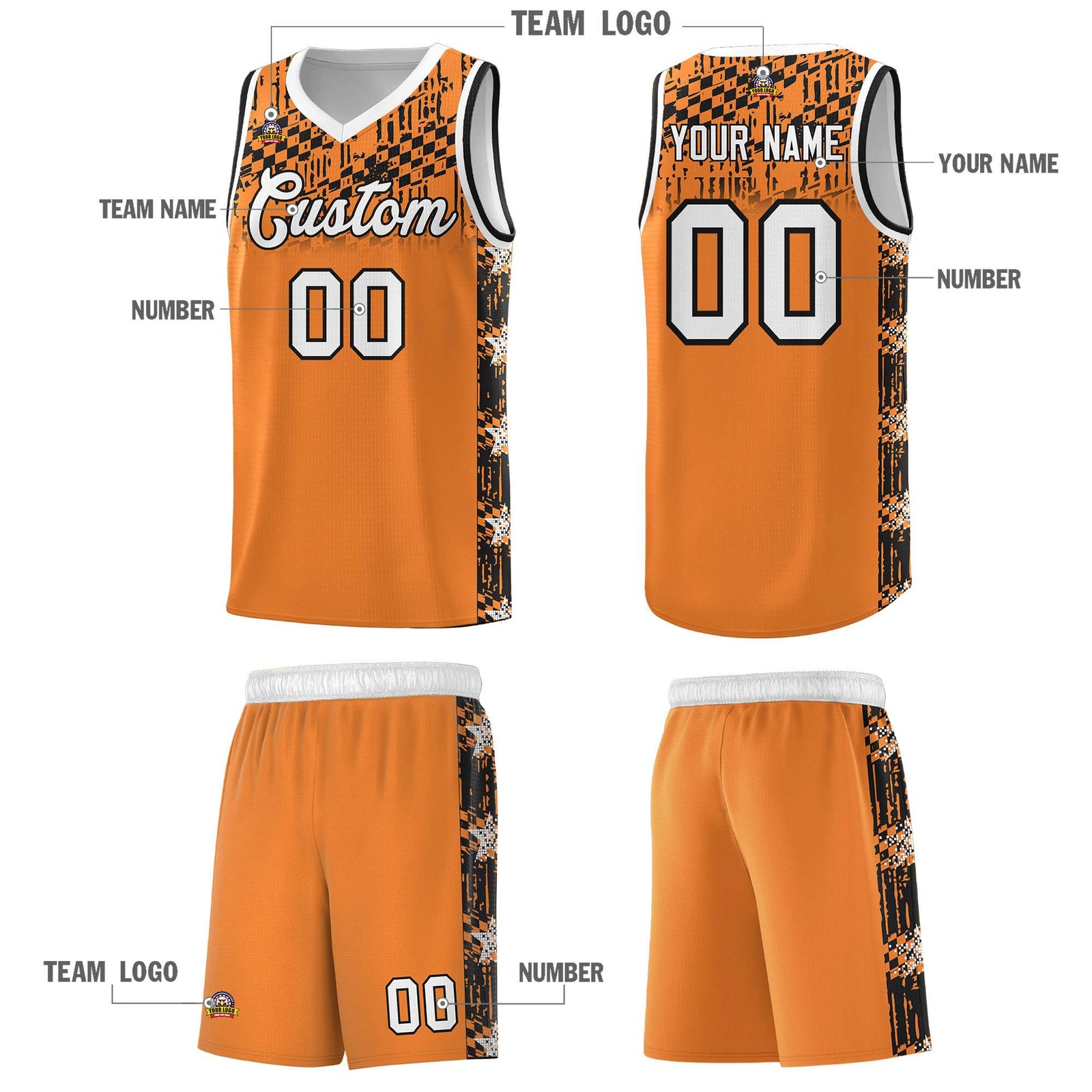 Custom Gold Orange Mosaic Stars Pattern Sports Uniform Basketball Jersey