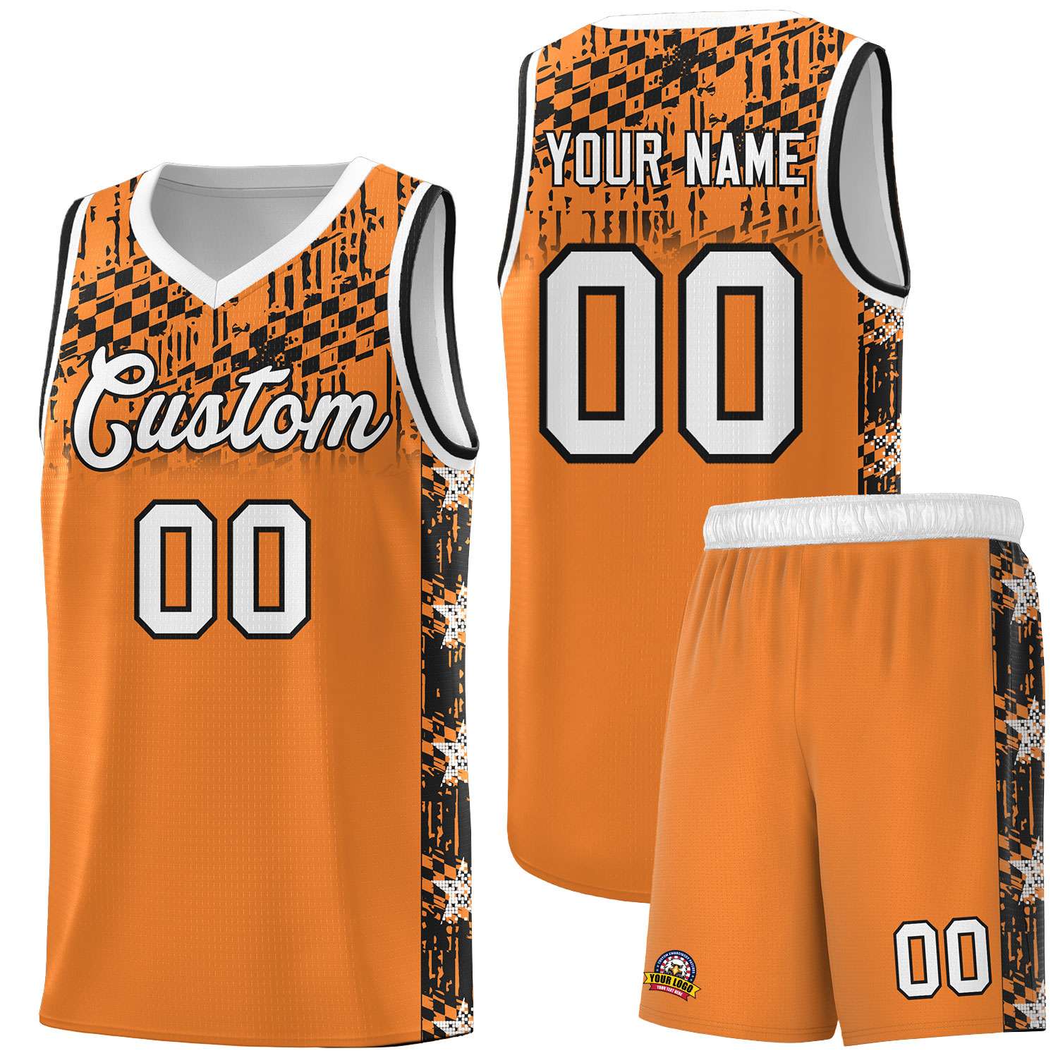 Custom Gold Orange Mosaic Stars Pattern Sports Uniform Basketball Jersey