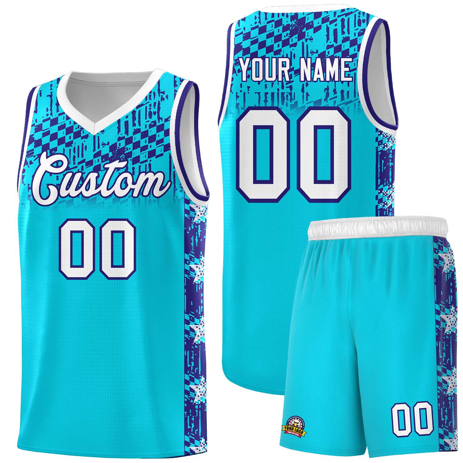 Custom Sky Blue Mosaic Stars Pattern Sports Uniform Basketball Jersey
