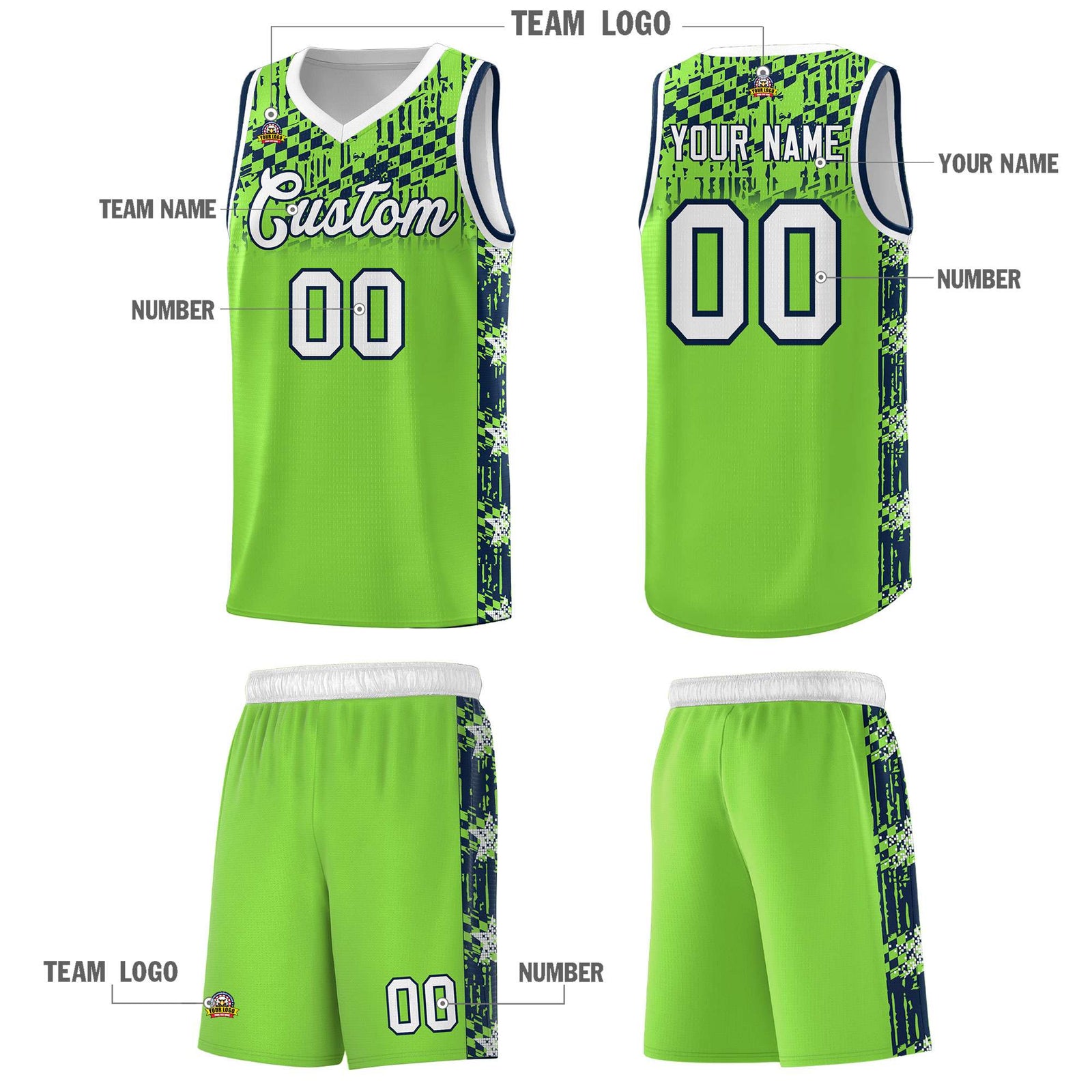 Custom Neon Green Mosaic Stars Pattern Sports Uniform Basketball Jersey