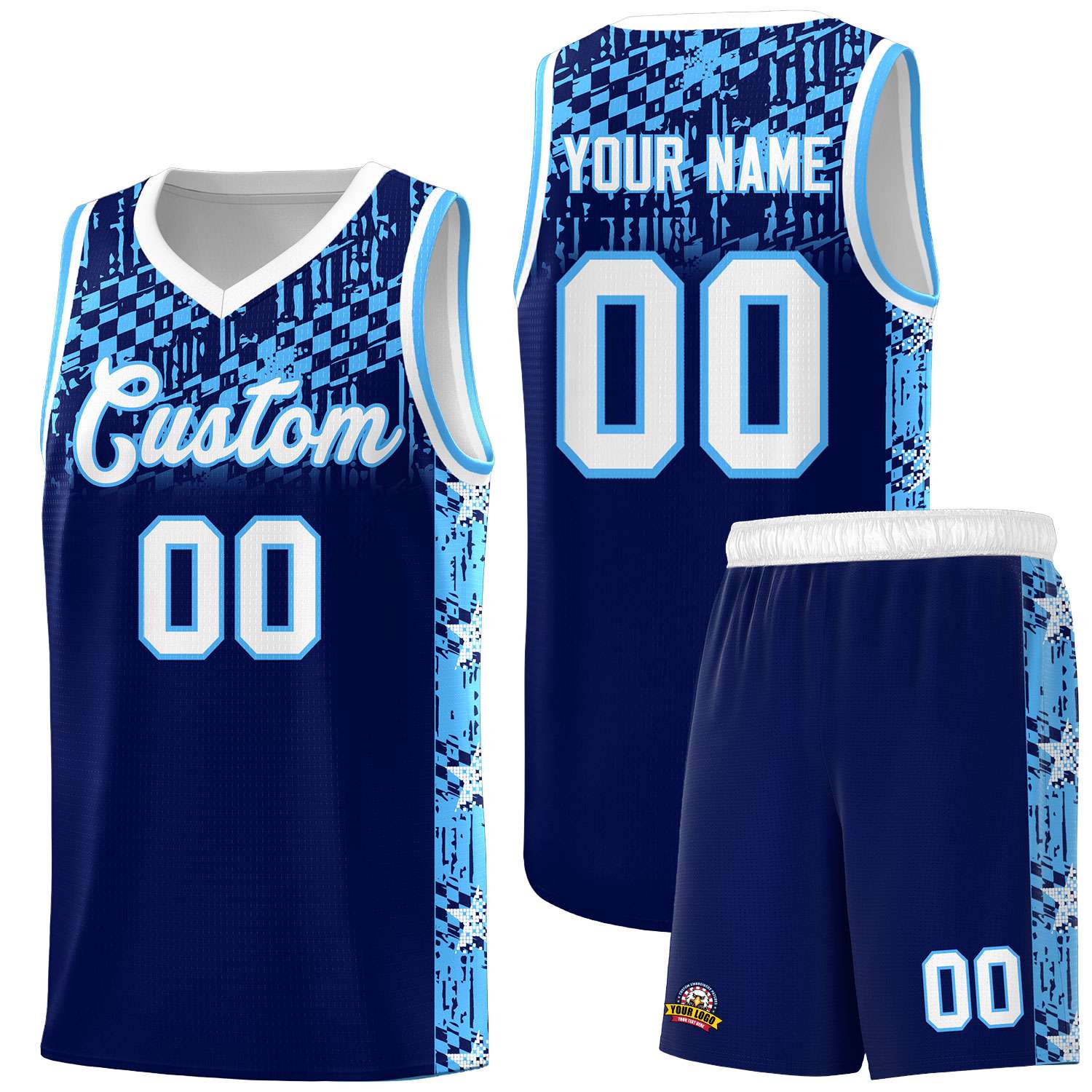 Custom Navy Mosaic Stars Pattern Sports Uniform Basketball Jersey