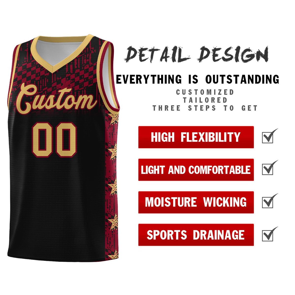 Custom Black Mosaic Stars Pattern Sports Uniform Basketball Jersey
