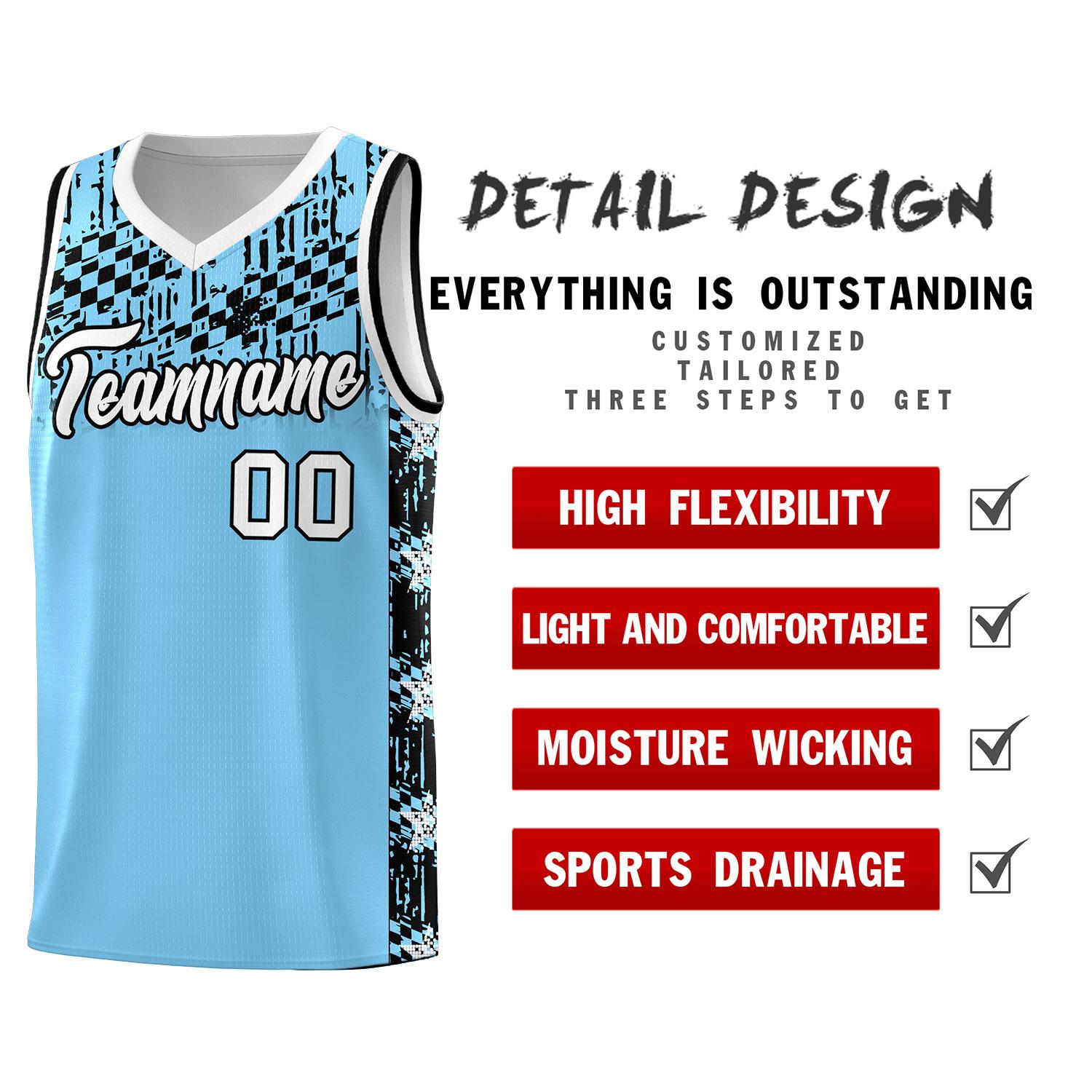 Custom Light Blue Mosaic Stars Pattern Sports Uniform Basketball Jersey