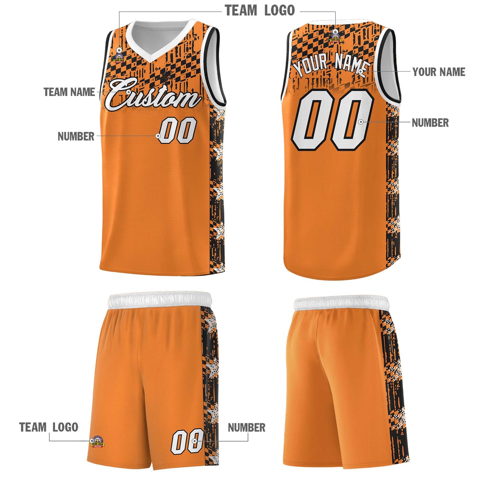 Custom Gold Orange Mosaic Stars Pattern Sports Uniform Basketball Jersey
