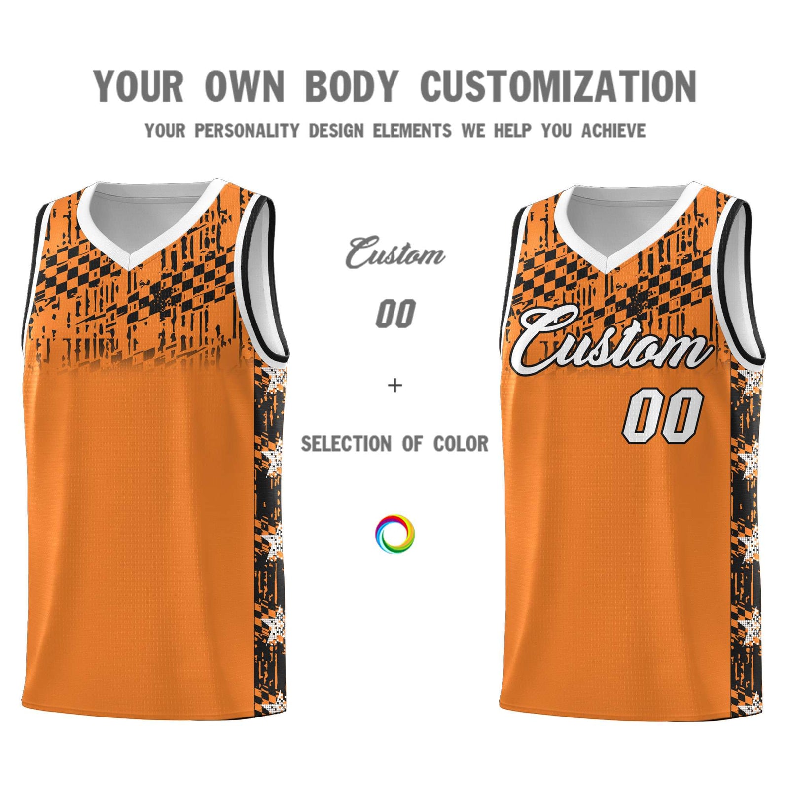 Custom Gold Orange Mosaic Stars Pattern Sports Uniform Basketball Jersey