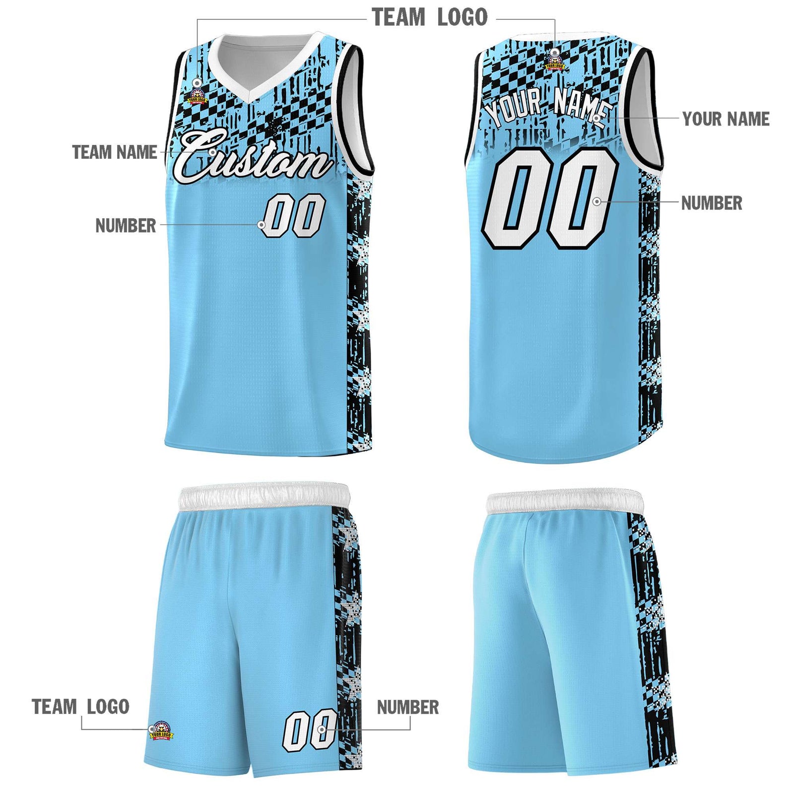 Custom Light Blue Mosaic Stars Pattern Sports Uniform Basketball Jersey