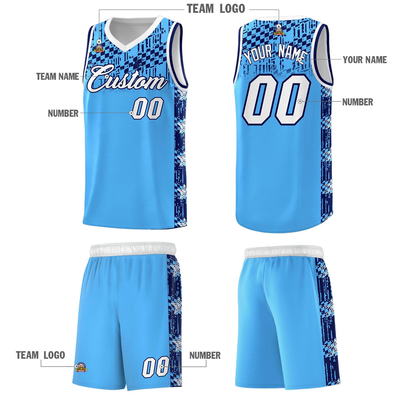Custom Powder Blue Mosaic Stars Pattern Sports Uniform Basketball Jersey