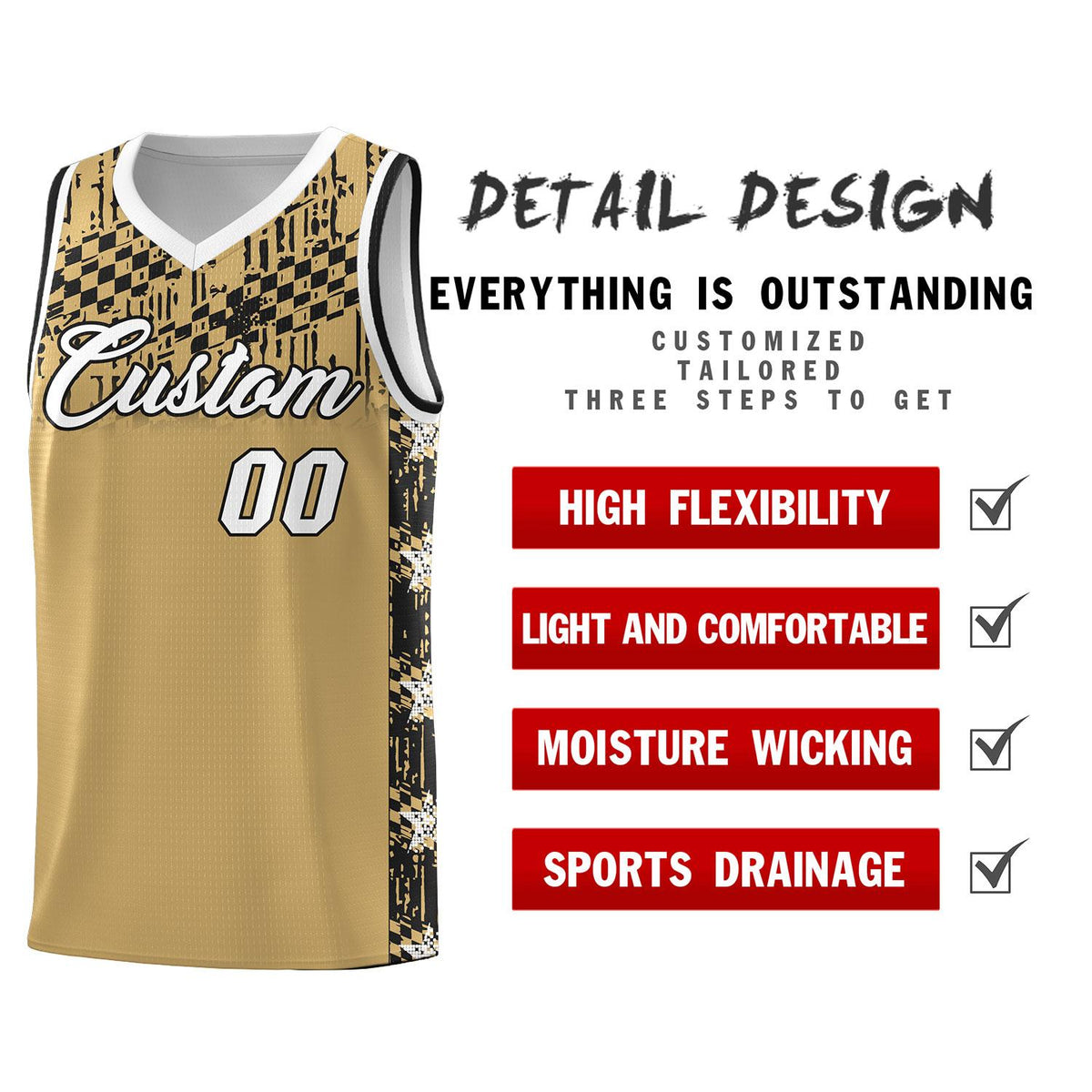 Custom Old Gold Mosaic Stars Pattern Sports Uniform Basketball Jersey
