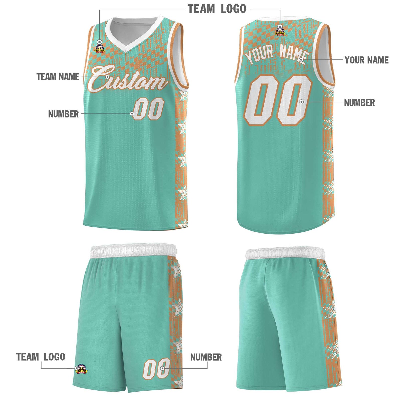 Custom Bright Green Mosaic Stars Pattern Sports Uniform Basketball Jersey