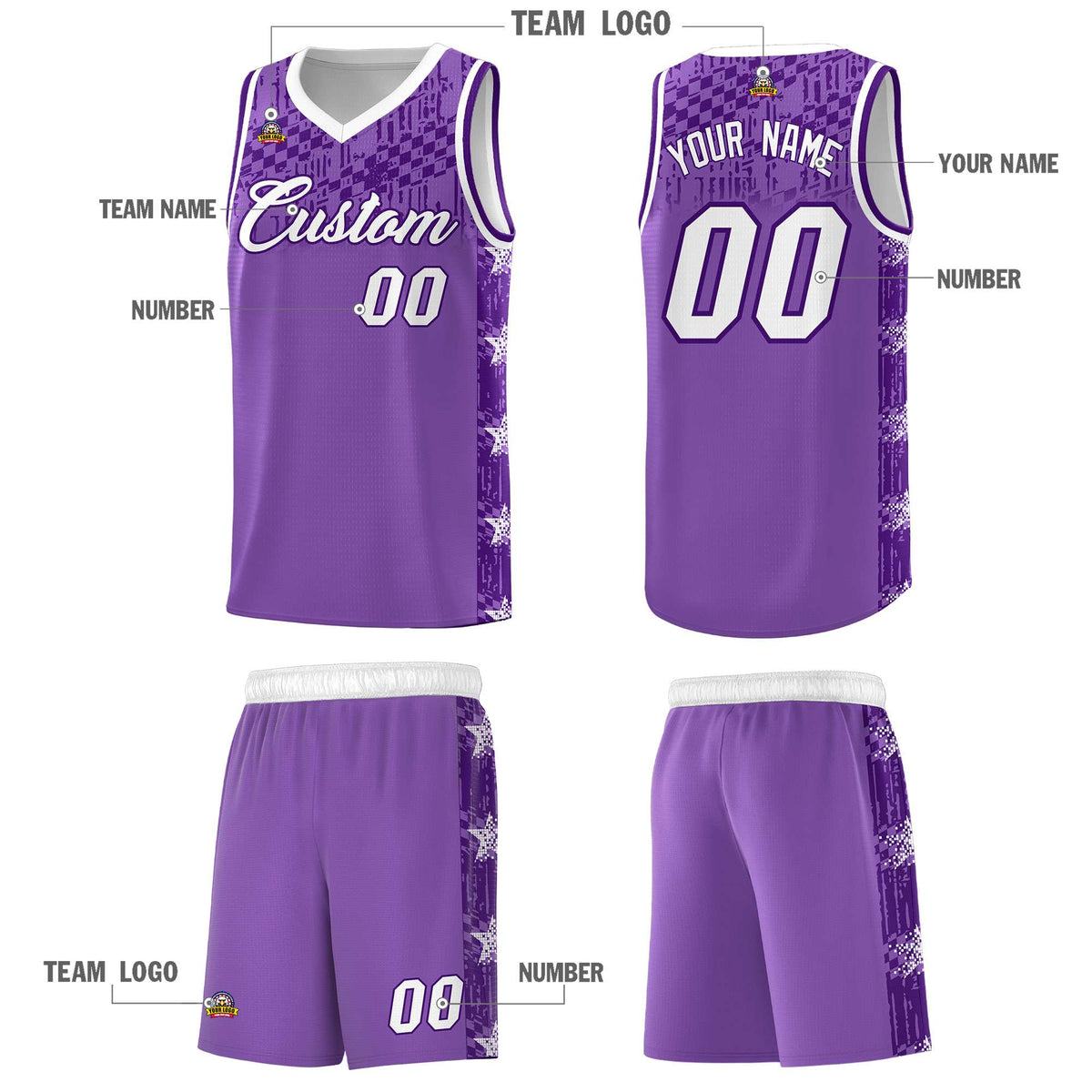 Custom Light Purple Mosaic Stars Pattern Sports Uniform Basketball Jersey