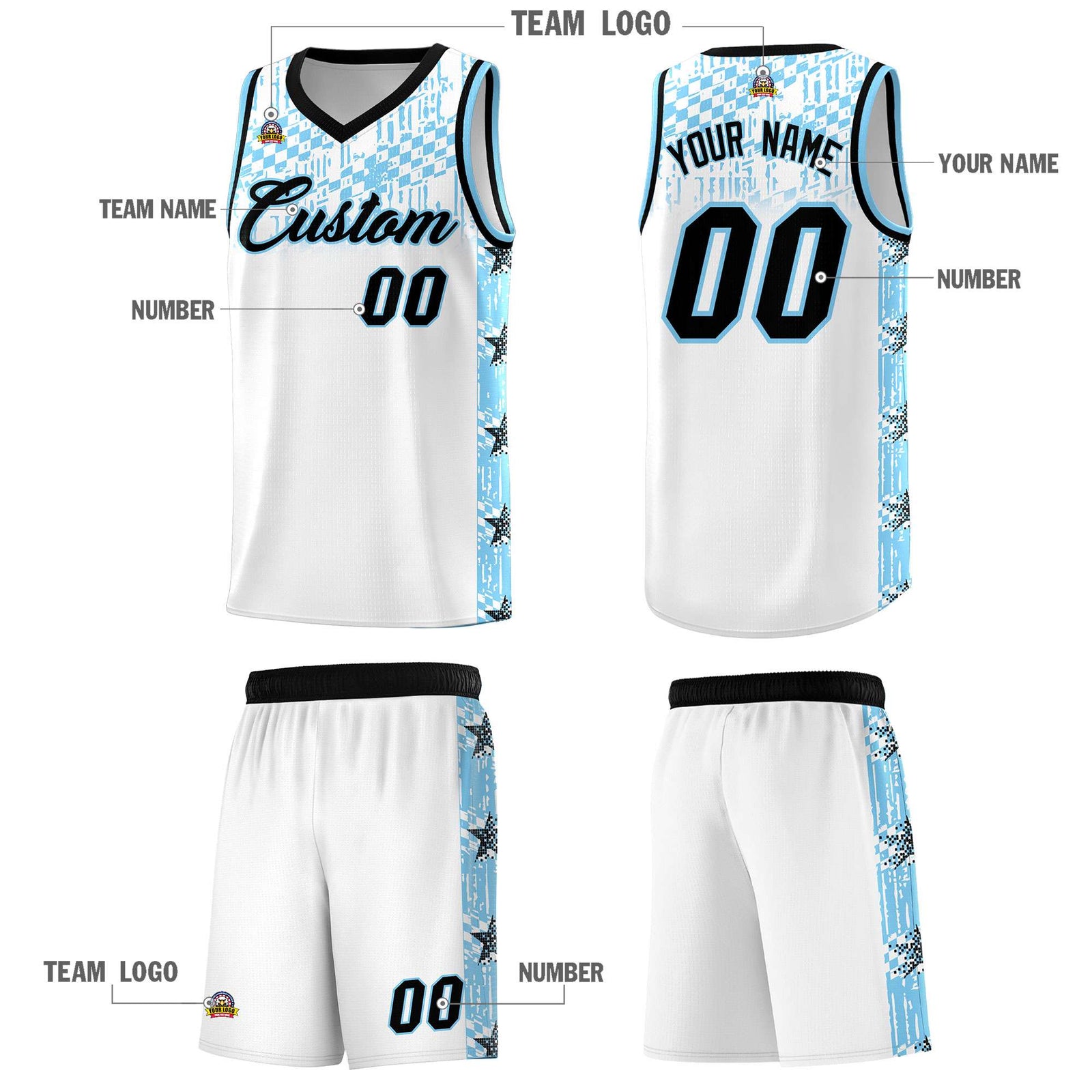 Custom White Mosaic Stars Pattern Sports Uniform Basketball Jersey
