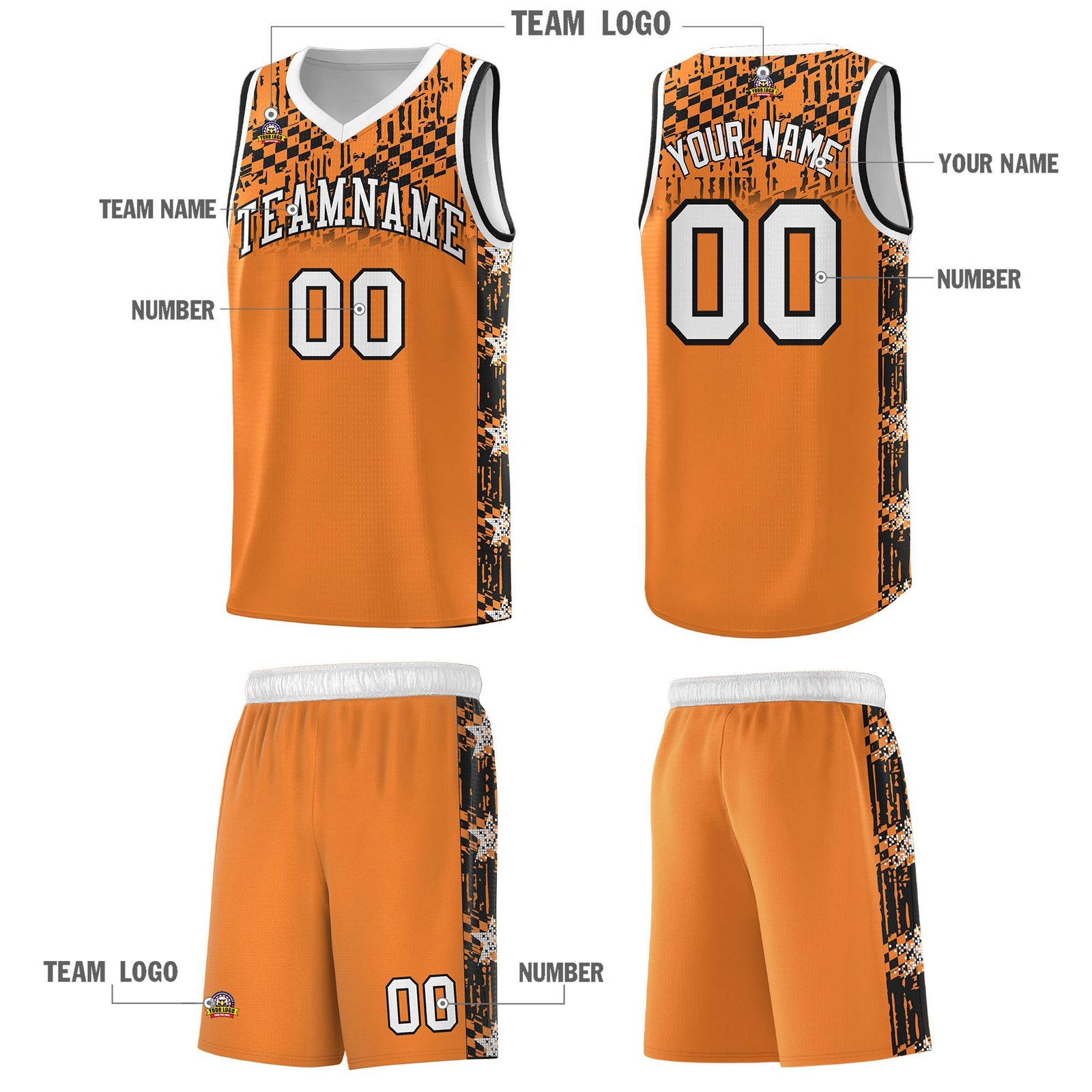 Custom Gold Orange Mosaic Stars Pattern Sports Uniform Basketball Jersey