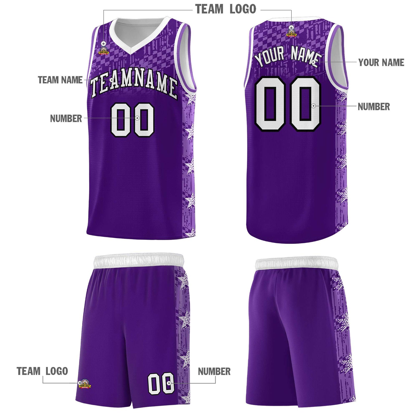 Custom Purple Mosaic Stars Pattern Sports Uniform Basketball Jersey