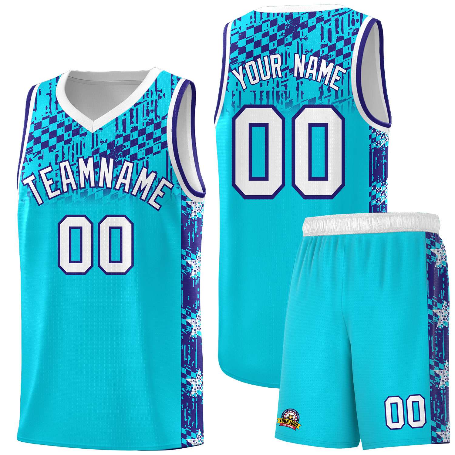 Custom Sky Blue Mosaic Stars Pattern Sports Uniform Basketball Jersey