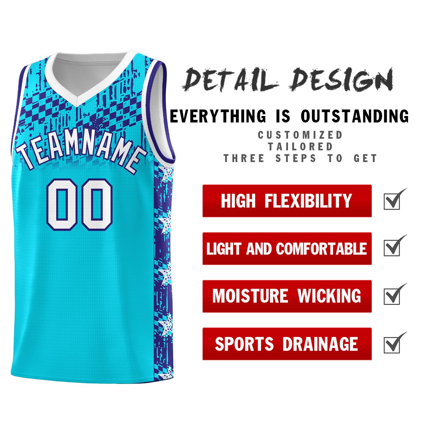 Custom Sky Blue Mosaic Stars Pattern Sports Uniform Basketball Jersey