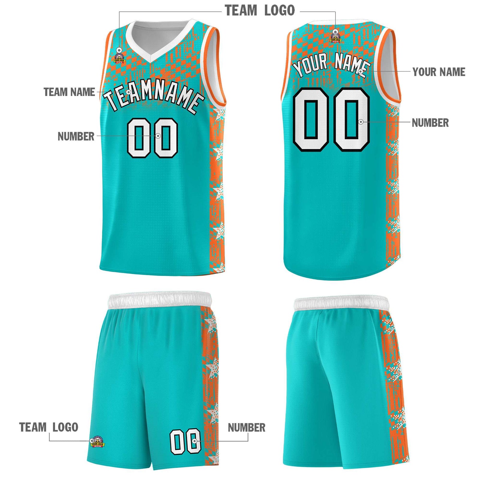 Custom Aqua Mosaic Stars Pattern Sports Uniform Basketball Jersey