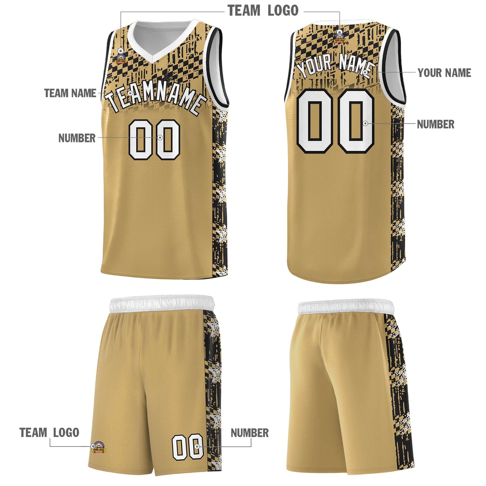 Custom Old Gold Mosaic Stars Pattern Sports Uniform Basketball Jersey
