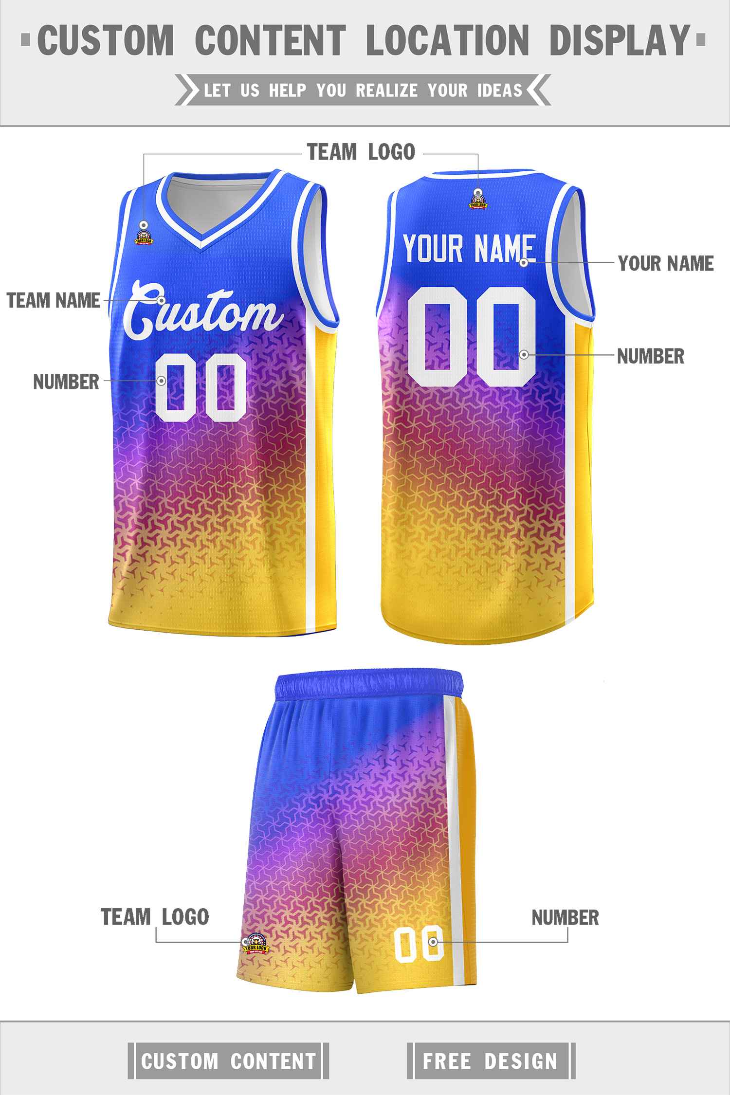 Custom Royal Purple-Gold Gradient Design Irregular Shapes Pattern Sports Uniform Basketball Jersey