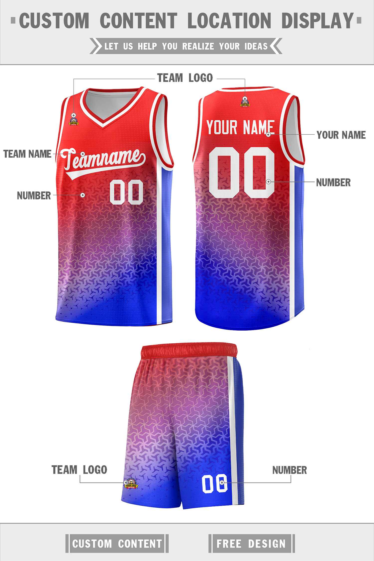 Custom Red Royal Gradient Design Irregular Shapes Pattern Sports Uniform Basketball Jersey