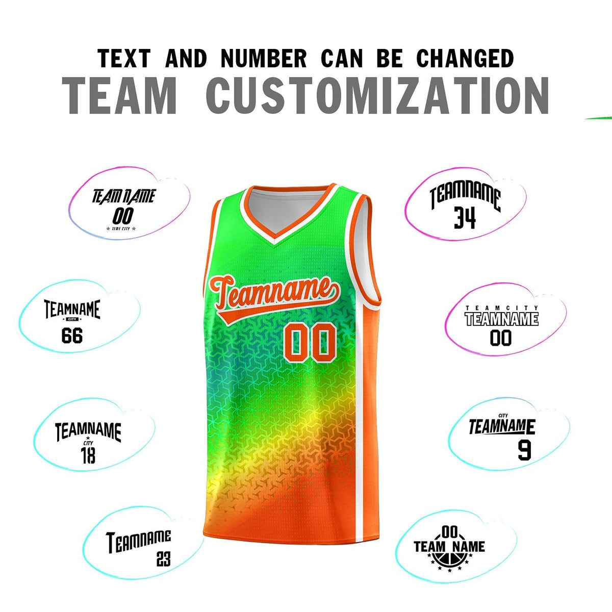 Custom Light Green Orange Gradient Design Irregular Shapes Pattern Sports Uniform Basketball Jersey